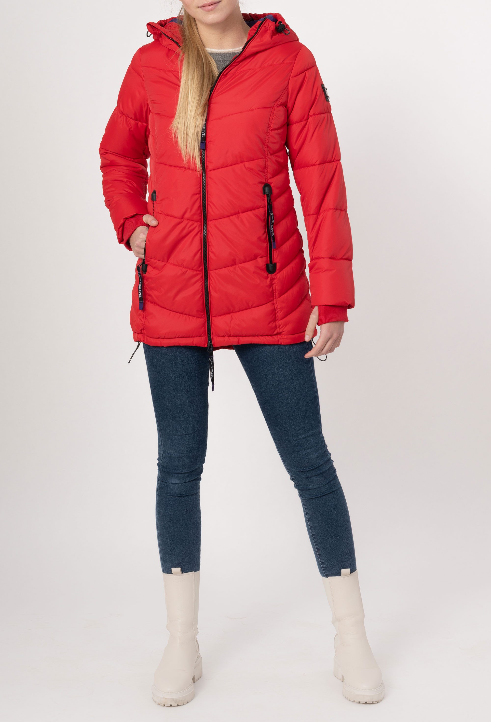 SUBLEVEL Steppjacke Damen Mantel mit Kapuze lange Winter Jacke Parka Stehkragen, Kapuze, flauschig, kuschelig, warm, Outdoor, Mantel