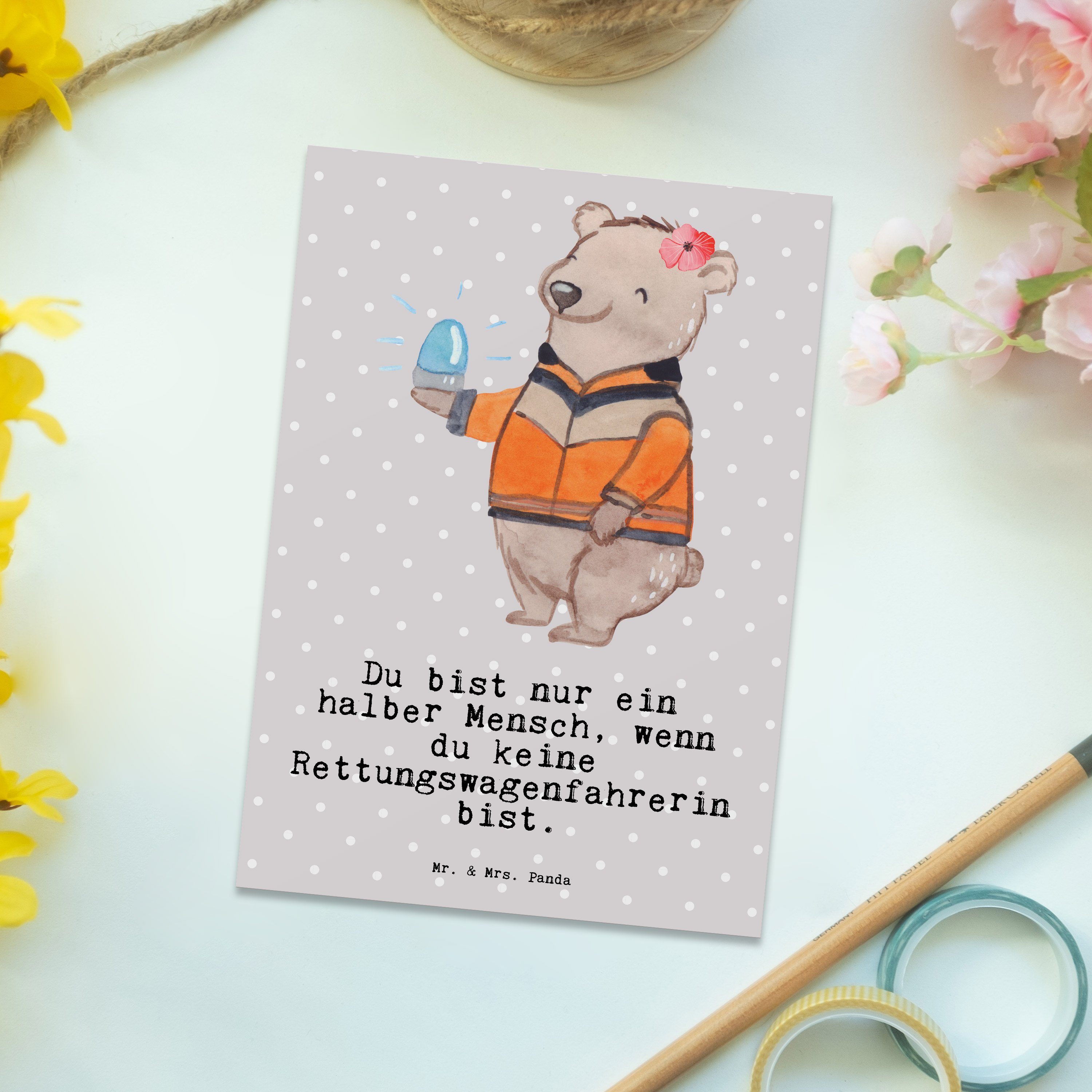 Herz Geburtstags Panda & Rettungswagenfahrerin Postkarte - Geschenk, Mr. mit - Grau Mrs. Pastell