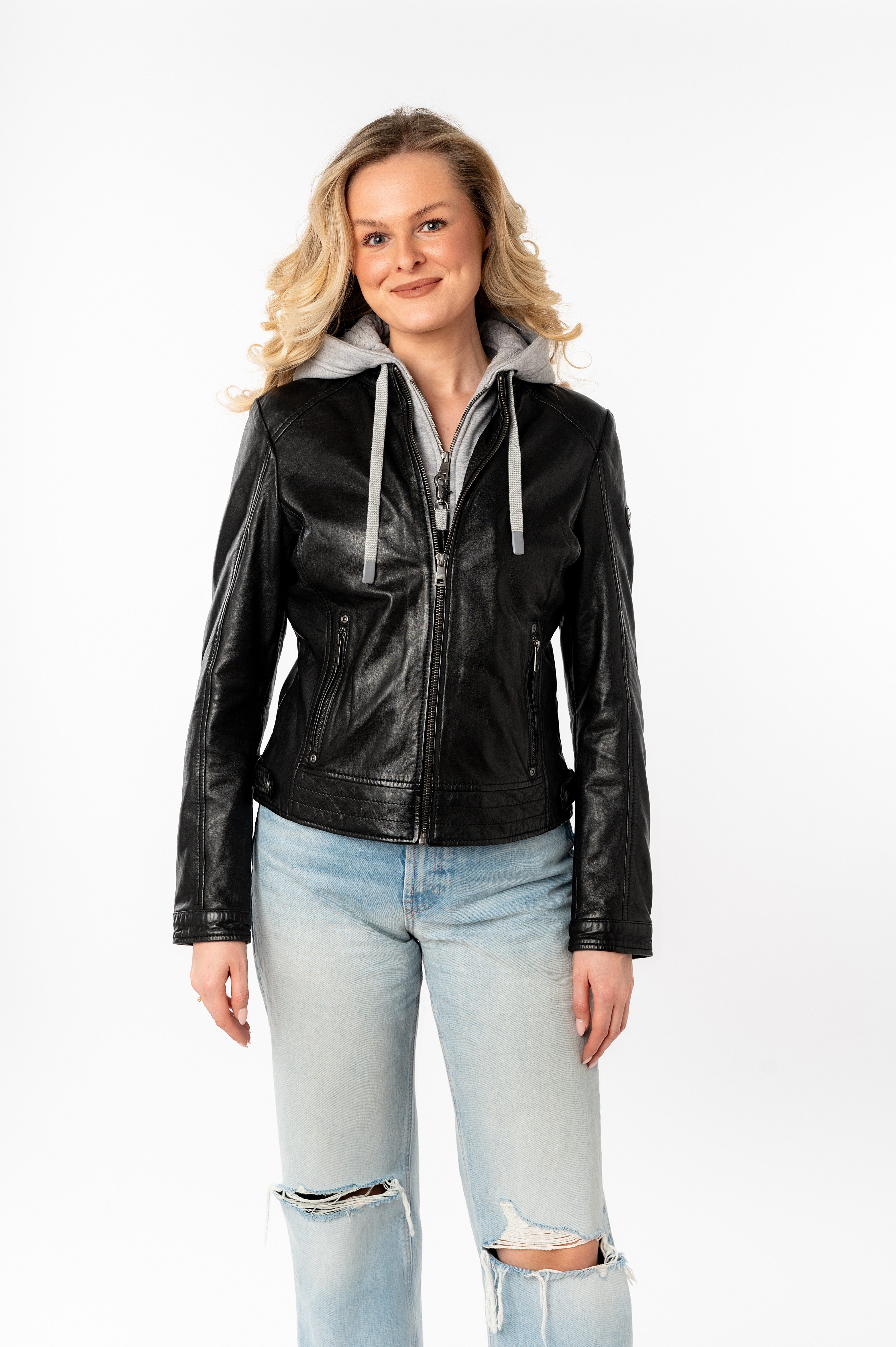 Mauritius Lederjacke MWAleni mit Jerseykapuze und Stehkragen günstig online kaufen