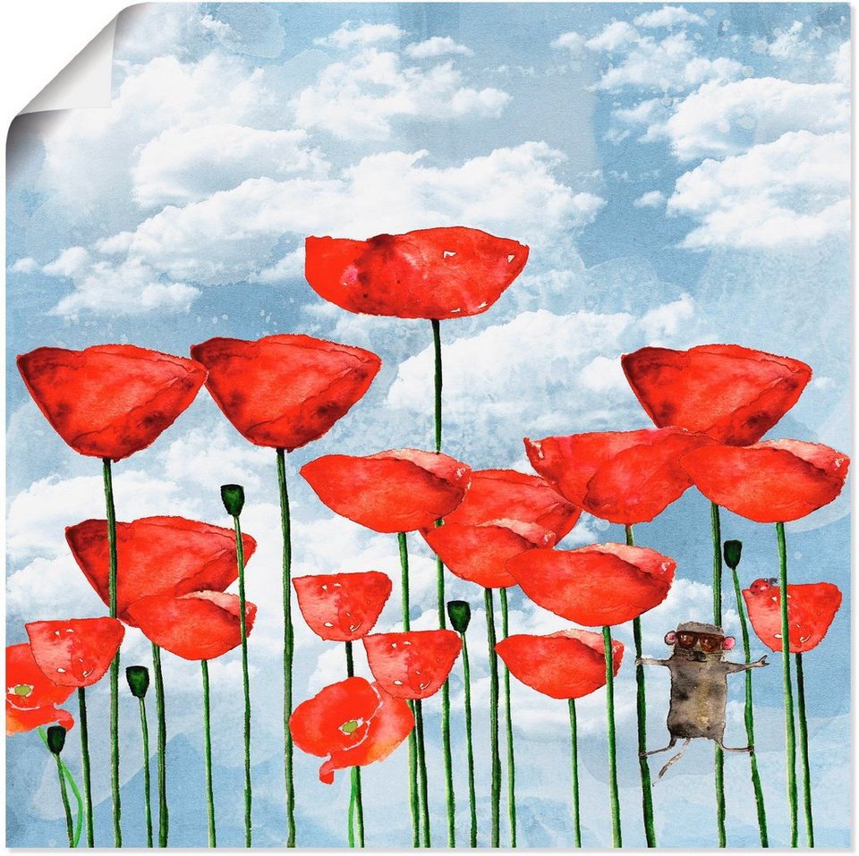 Artland Wandbild Maus im Mohnfeld an einem bewölkten Tag, Blumen (1 St),  als Alubild, Leinwandbild, Wandaufkleber oder Poster in versch. Größen
