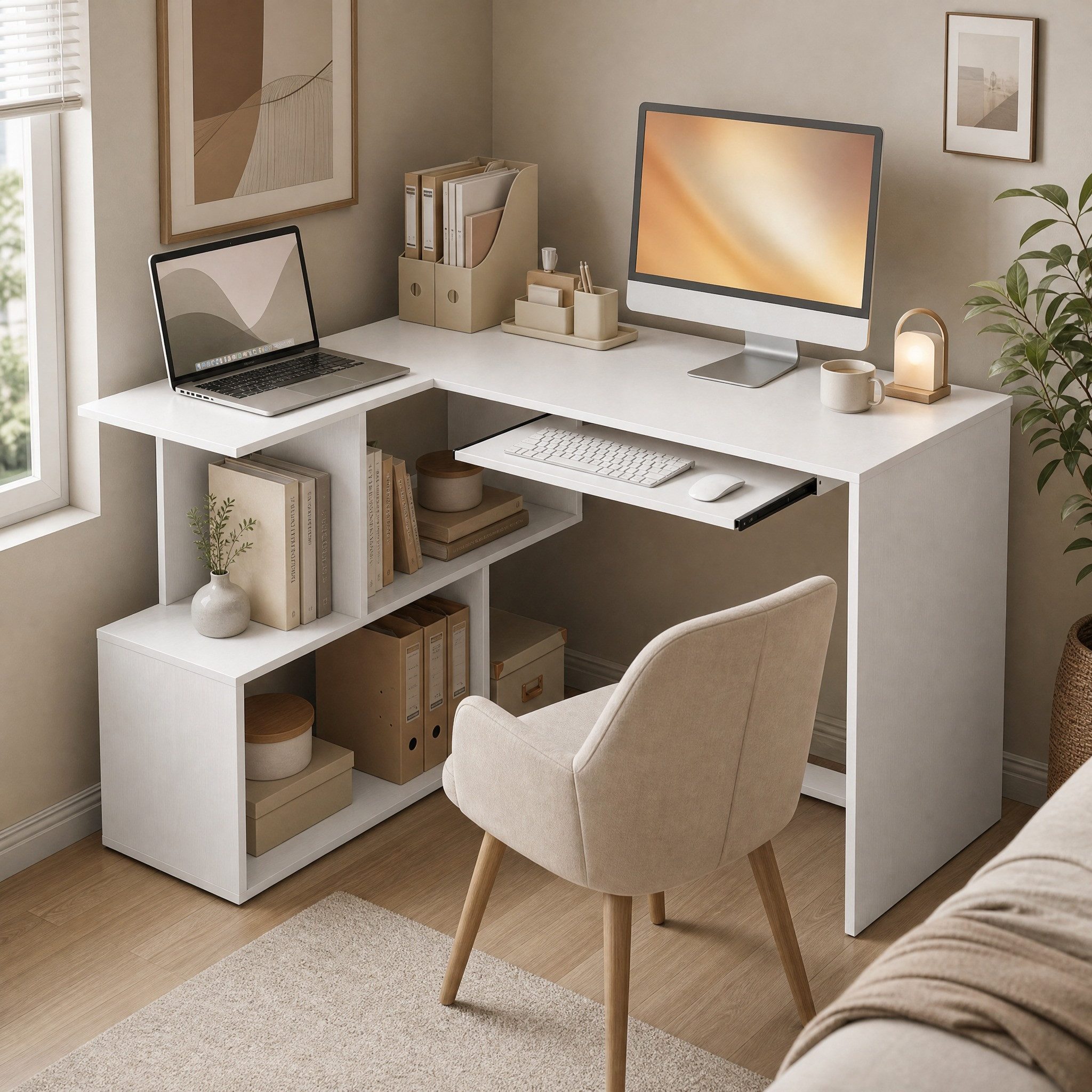 REDOM Eckschreibtisch Schreibtisch mit Regal und Tastaturablage, Holz-Look Weiß (Packung, 1-St., Moderner Arbeitstisch für Büro, Studium und Zuhause), Computermöbel mit offenen Ablagen für kleine Räume