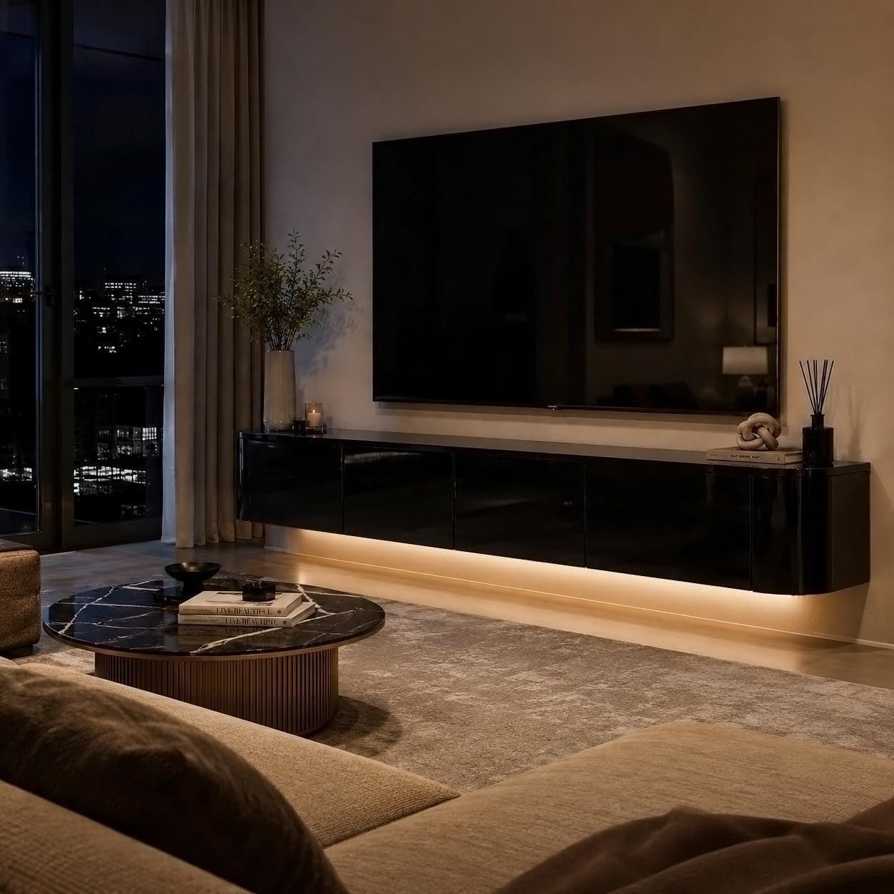 FUFU&GAGA Lowboard Hochglanz LED TV-Board, schwebend oder stehend, Goldene Füße