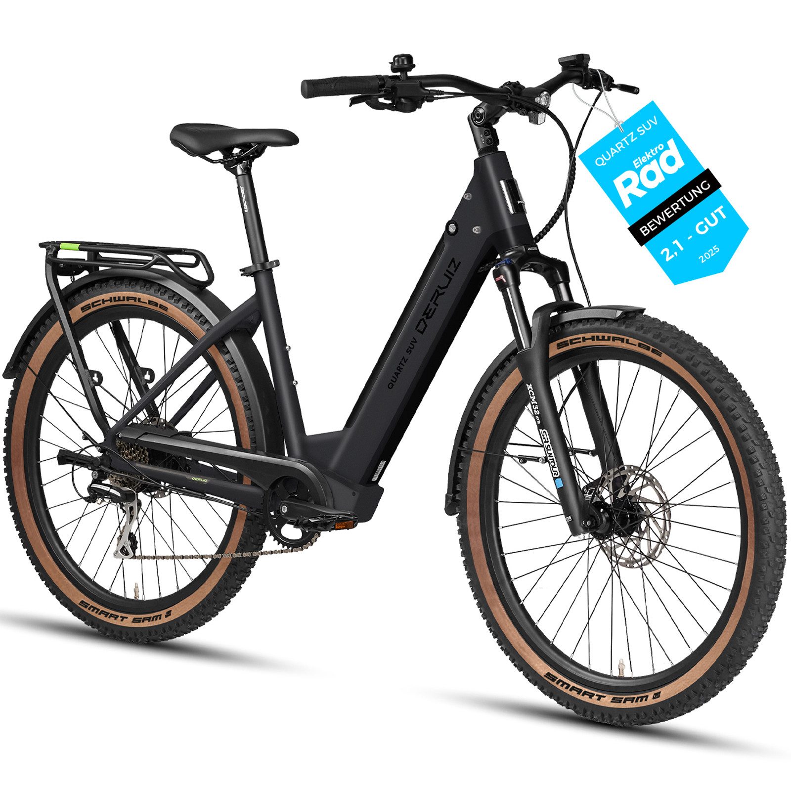 DERUIZ E-Bike Trekkingrad Quartz SUV 27,5 Zoll, bis 160 km, Drehmomentsensor, RH 46 cm, 8 Gang Shimano, Kettenschaltung, Heckmotor 250W, 644 Wh, (5 Stufen,Lockout-Federgabel,LCD-Farb-Display,120 Lux Frontlicht)