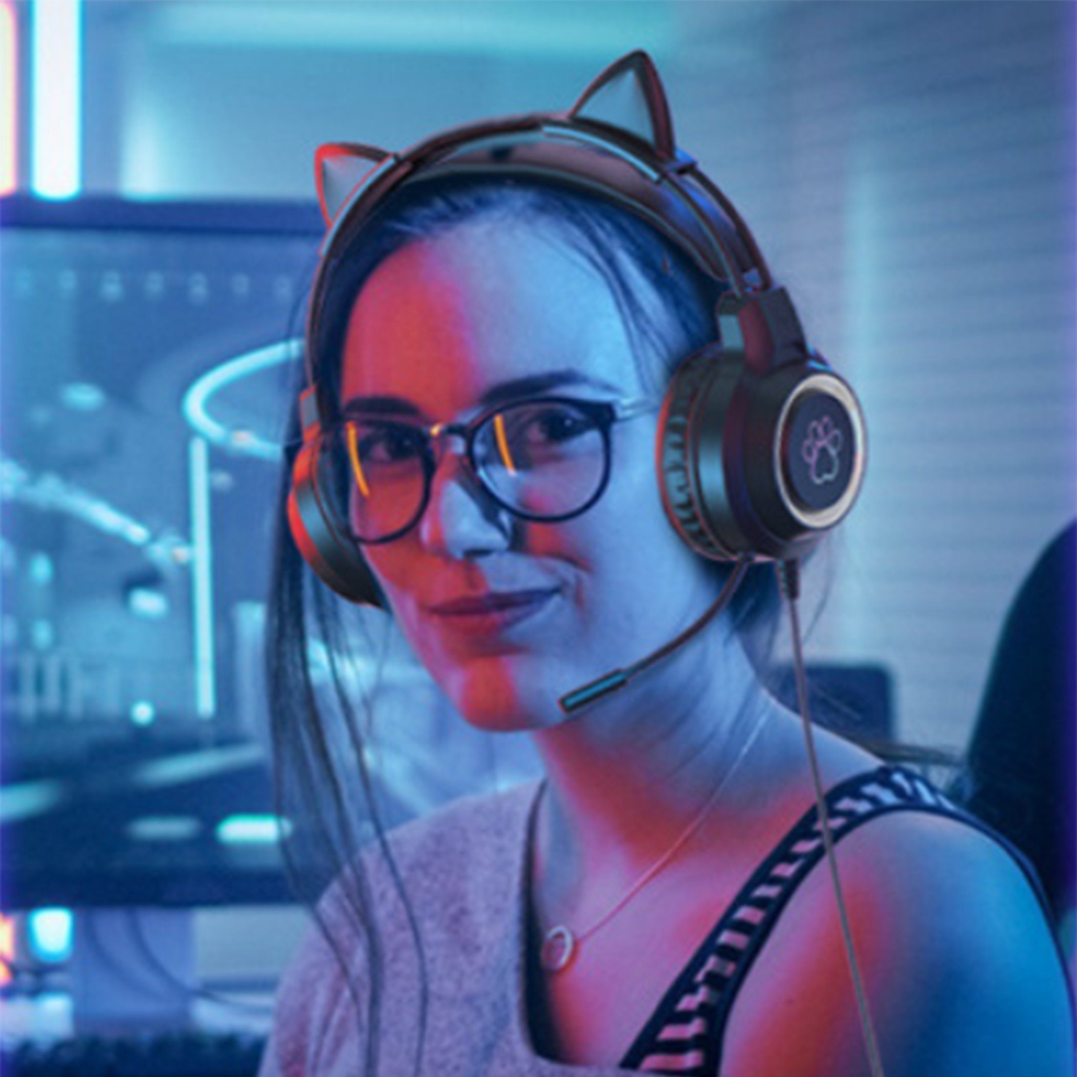 KINSI Headset,Gaming-Headset mit Rosa Over-Ear-Kopfhörer Katzenohren,Geräuschunterdrückung