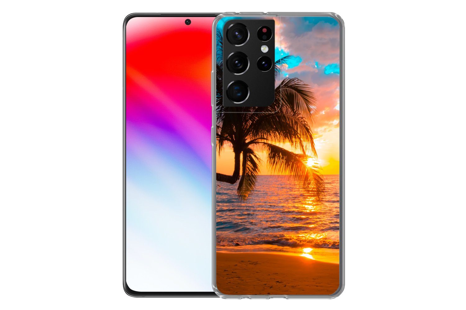 MuchoWow Handyhülle für Samsung Galaxy S21 Ultra Palme - Sonnenuntergang - Horizont - Stra, Phone Case, Silikon, Schutzhülle Dünn