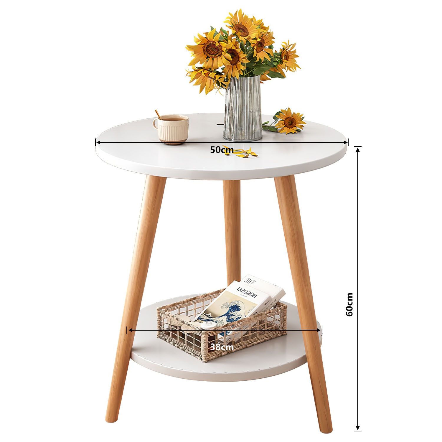 HEYHIPPO Beistelltisch Warmweißer doppelschichtiger Couchtisch aus Holz kleiner Beistelltisch (Ein Tisch, Rutschfest, nur 0,28 m² Fläche, stabile Dreiecksstruktur), Moderner kleiner Nachttisch, Couchtisch, einfache Montage,50×50×60 cm