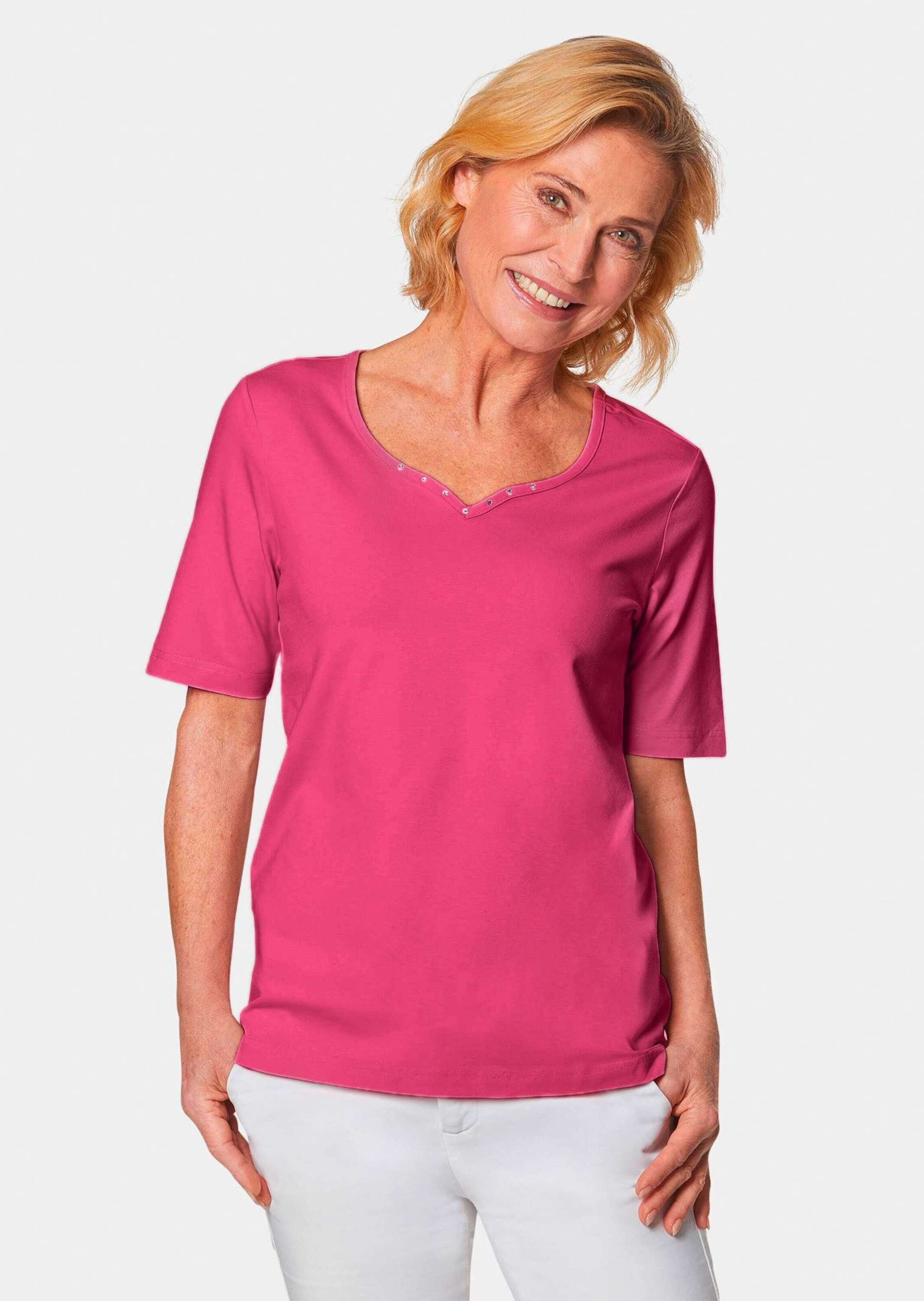 GOLDNER T-Shirt Kurzgröße: Halbarm Basic-Shirt aus Baumwolle Herzausschnitt mit funkelnden Details, bequeme Passform