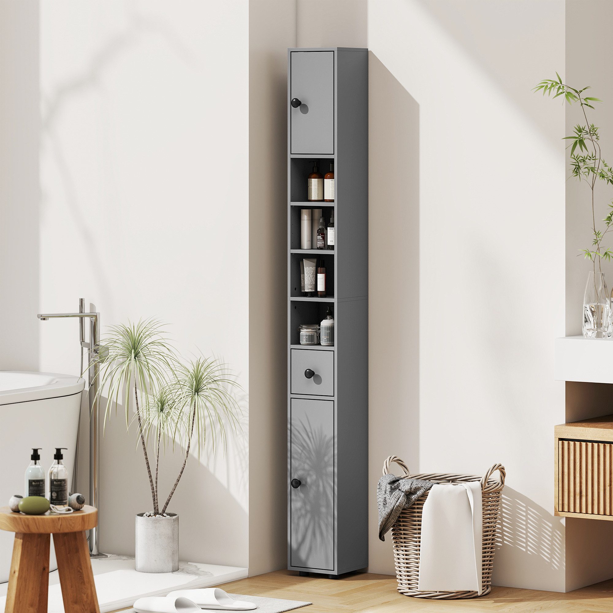 Kleankin Badkommode Hochschrank, Toilettenschrank, 4 offene Fächer, für kleine Räume (schmaler Badezimmer-Aufbewahrungsschrank, 1 St., mit Schublade, verstellbaren Regalen), 20 x 20 x 180 cm, Grau