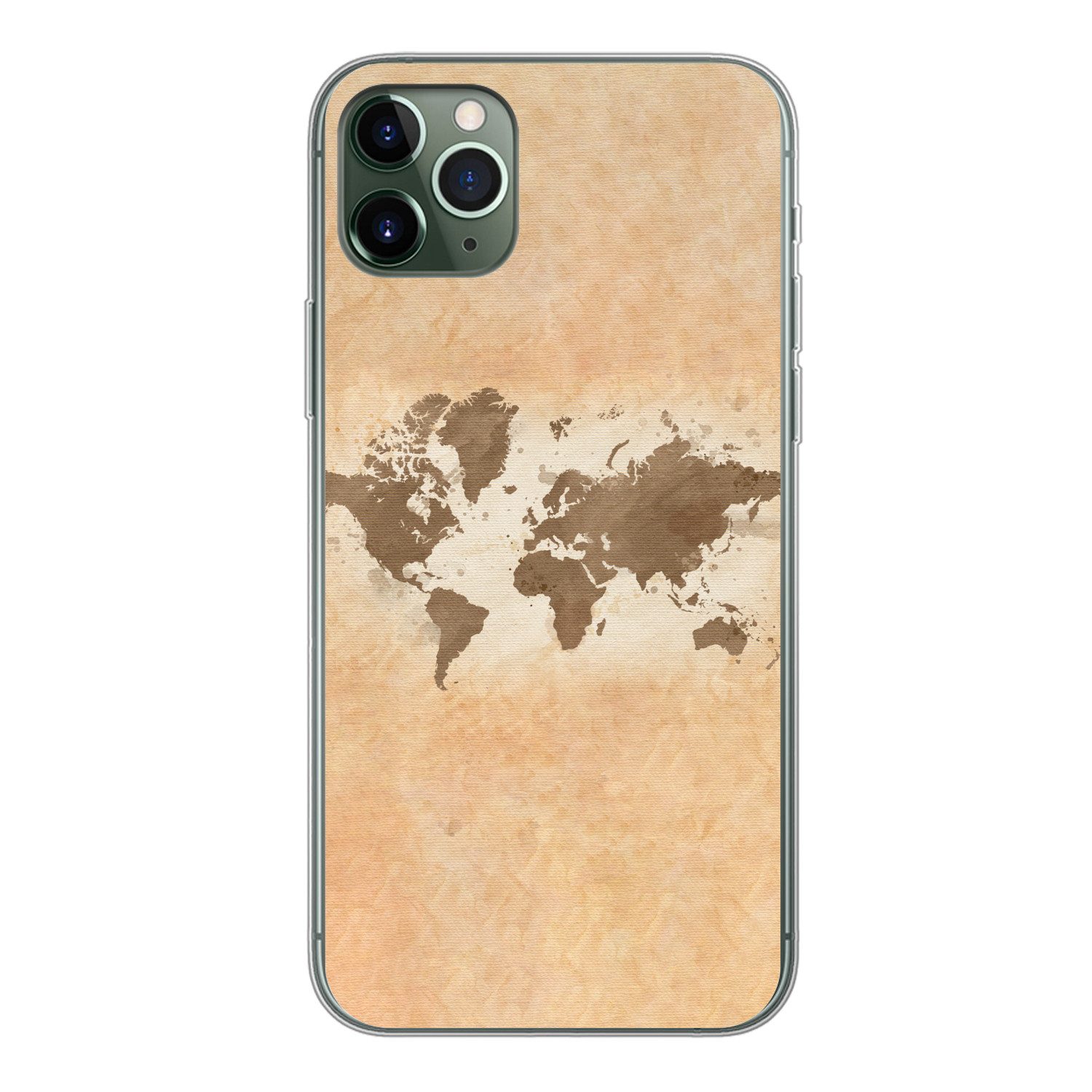 MuchoWow Handyhülle für Apple iPhone 11 Pro Max Weltkarte - Beige - Braun, Smartphone-Bumper, Print, Handy Schutzhülle Dünn
