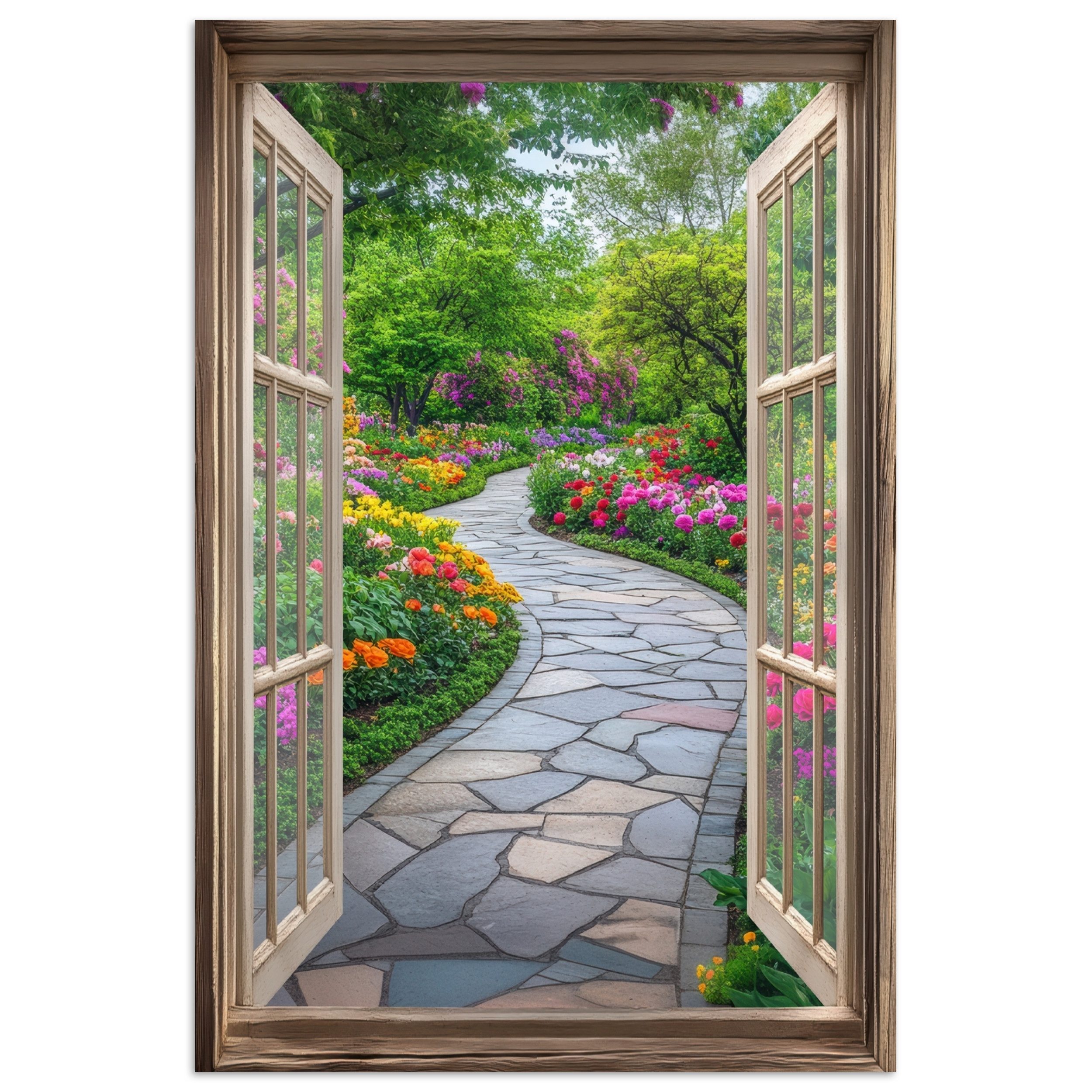MuchoWow Poster Aussicht - Blumen - Gartenweg - Natur - Fenster, (1 St), Poster ohne Rahmen, Wandbild, Wandposter, 20x30 cm