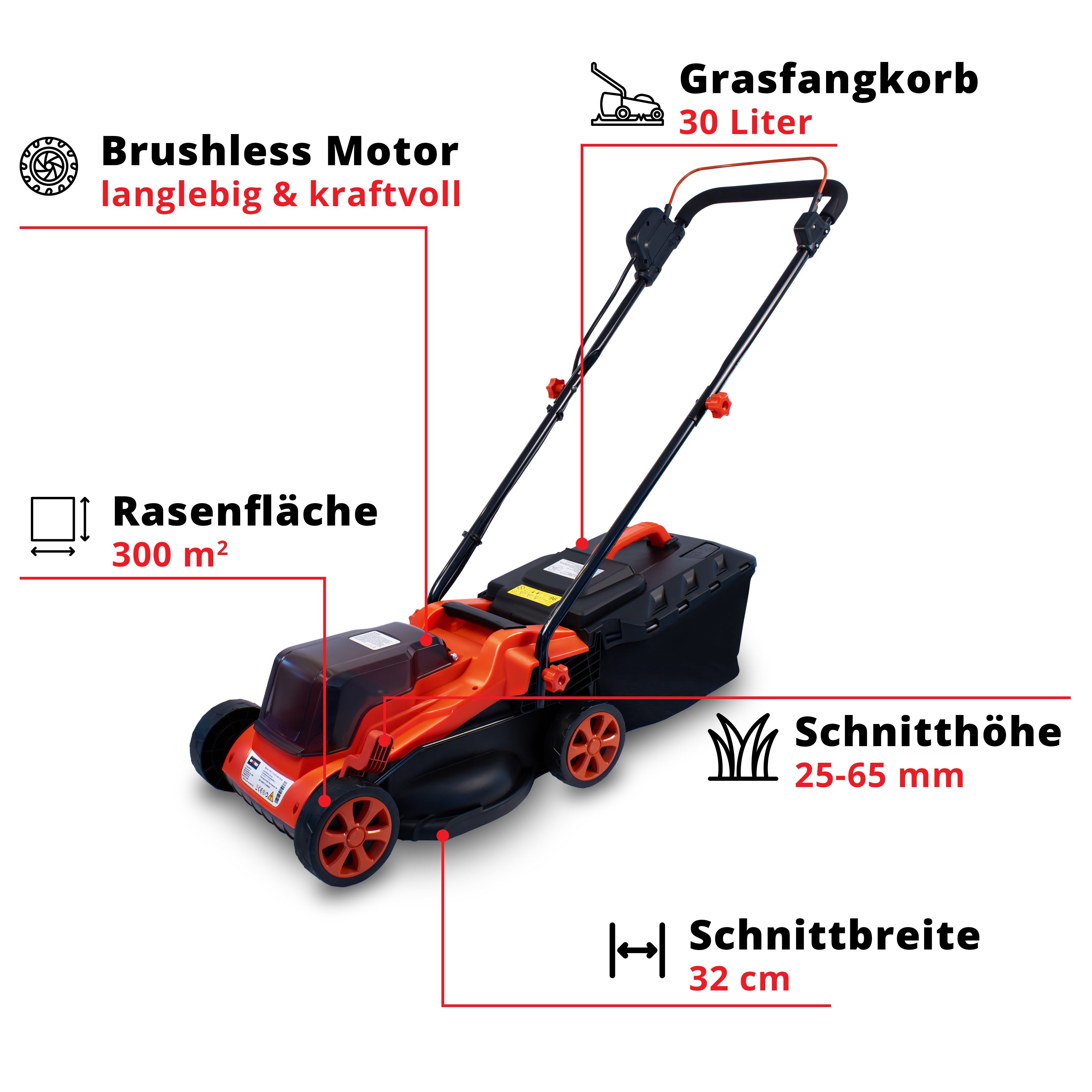 Grafner cordless lawnmower, 20V, including battery and charger, 32cm cutting width