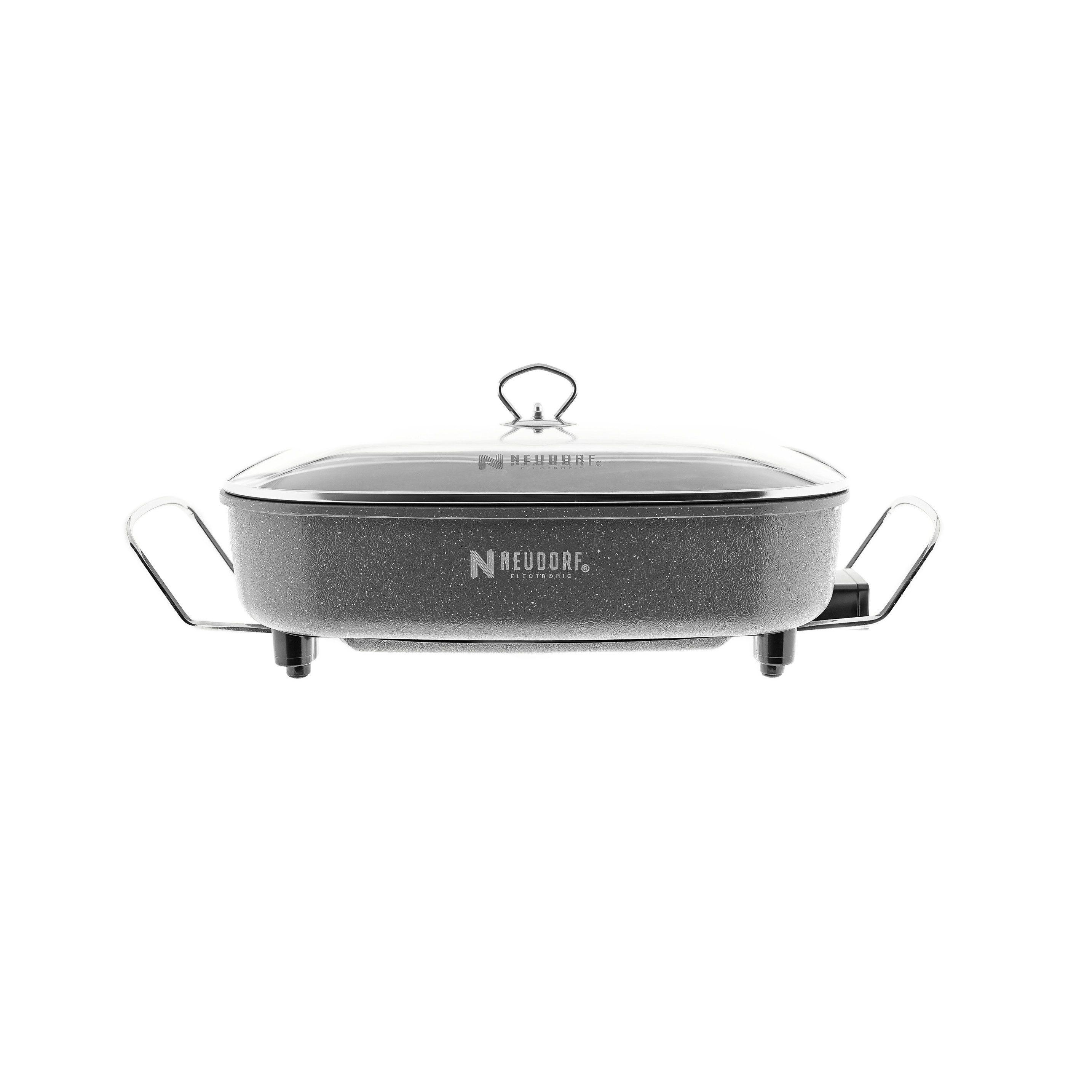 Neudorf Elektrische Pizzapfanne Elektrische Pfanne mit Glasdeckel 1500 W - 8 Liter, 1500 W, Antihaftbeschichtet