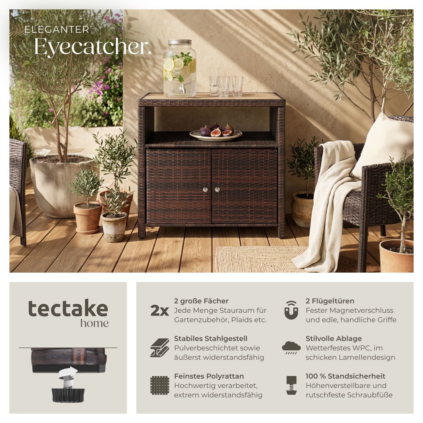tectake Geräteschrank Rattan WPC-Schrank Monscia - wetterfest und langlebig (GartenschrankMontagematerialMontageanleitung, 1-St., 1 St) mit Magnetverschluss und Stahlgestell