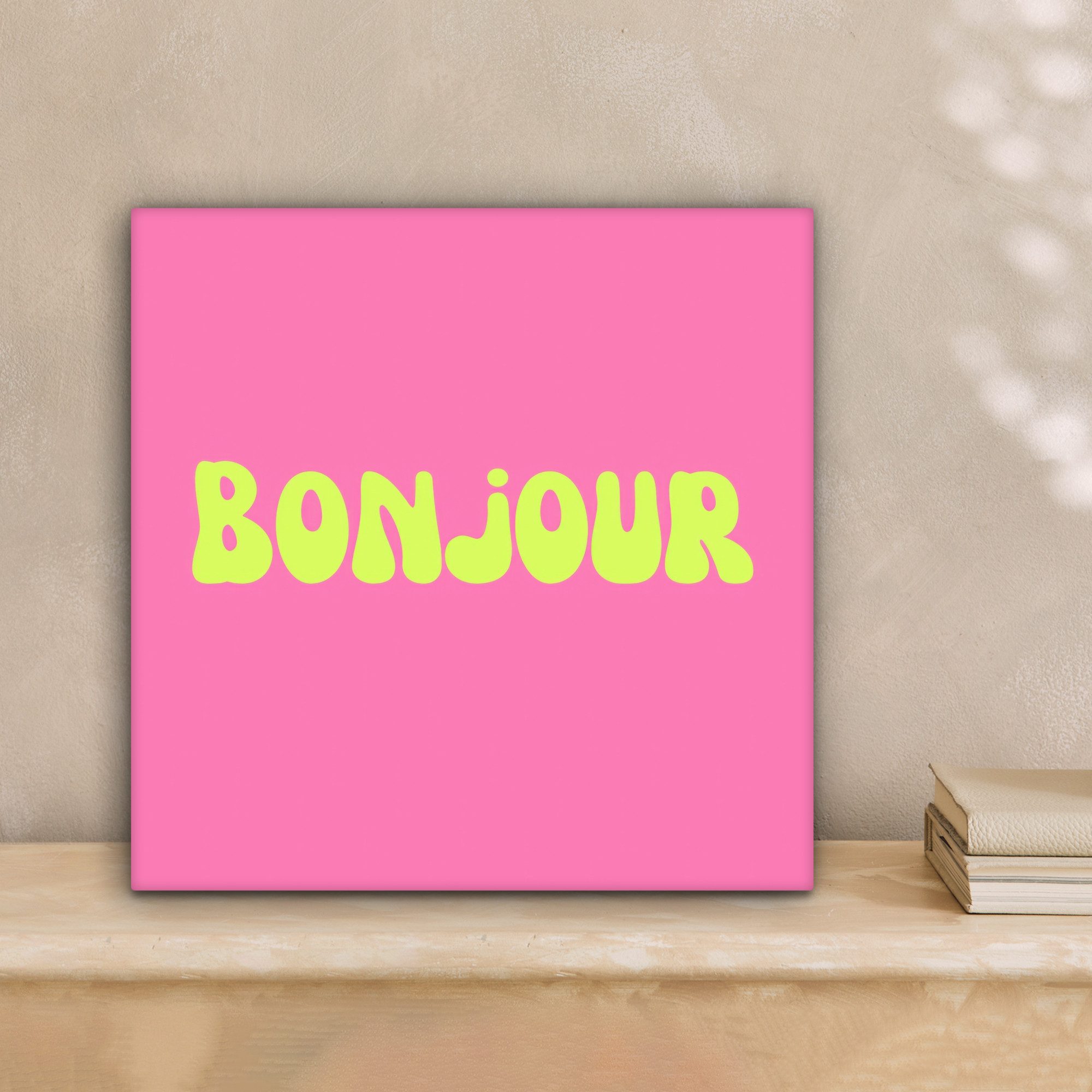 OneMillionCanvasses® Leinwandbild Rosa - Grün - Bonjour - Bio, Fotodruck (1 St), Wandbild, Deko Schlafzimmer Wohnzimmer Flur 20x20 cm