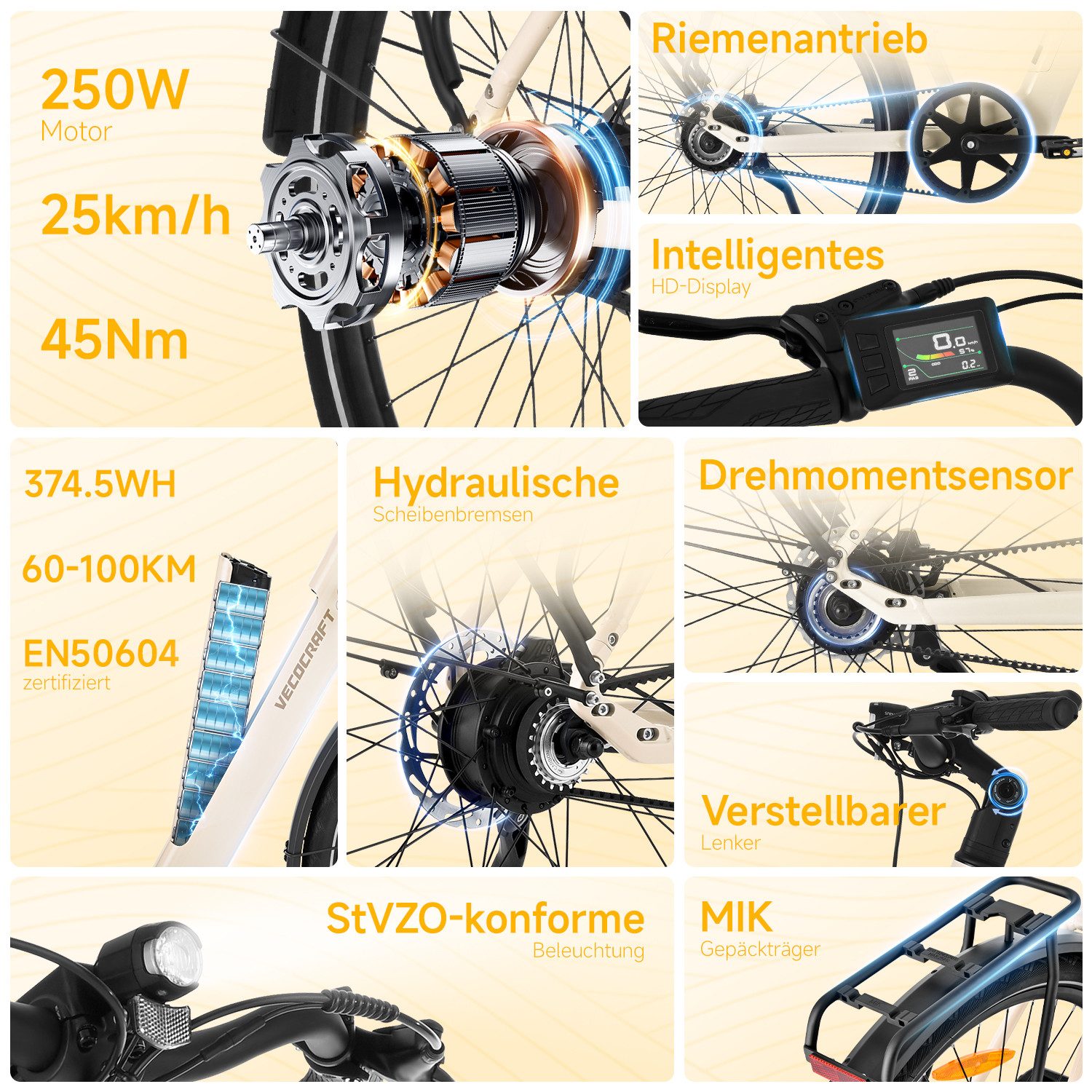 VECOCRAFT E-Bike Cityrad für Pendler 28 Zoll Pedelec Drehmomentsensor 36V 10.4AH 45Nm LUNA NEO, 1 Gang, 45Nm Heckmotor, 374,4 Wh, (hydraulische Scheibenbremsen, Gates Riemenantrieb, LCD-Display), E-Rennrad,StVZO Pedelec, ebike für Damen und Herren