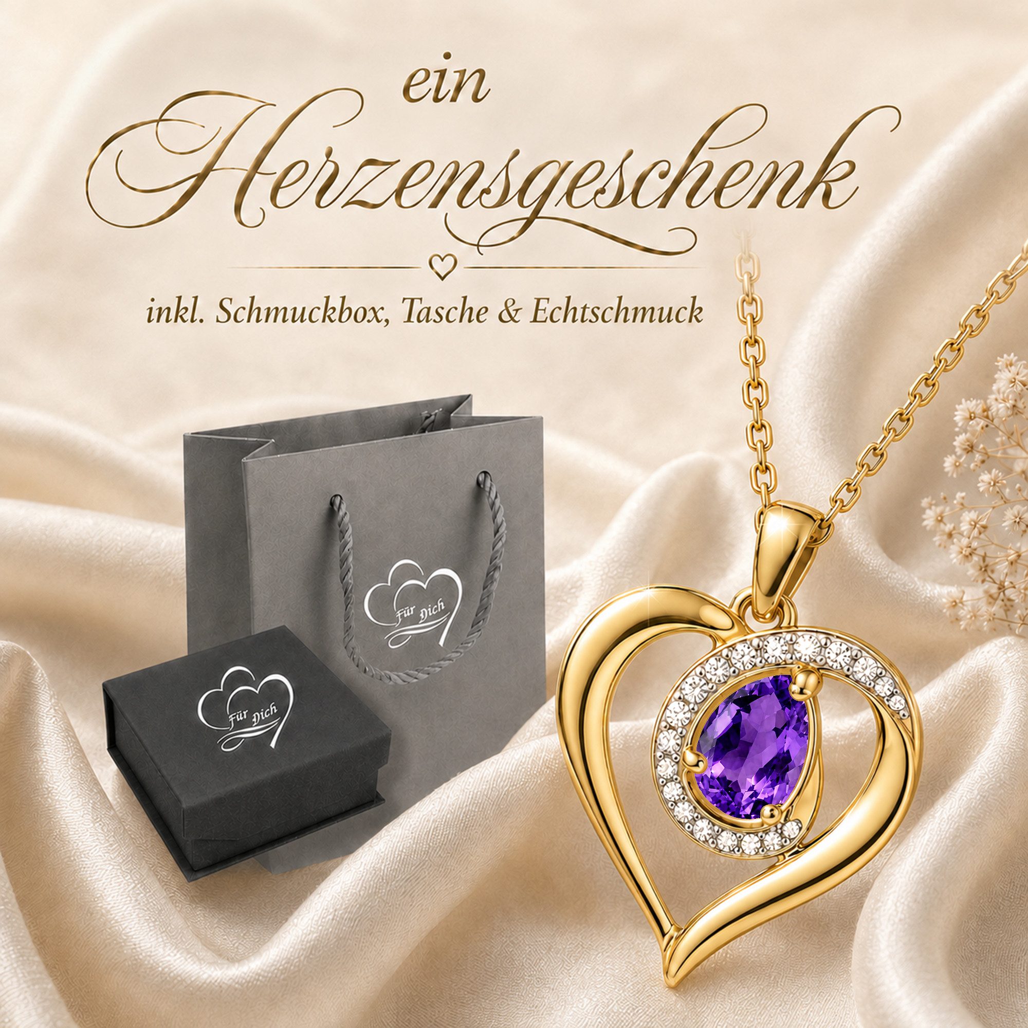 Limana Herzkette echter Edelstein Damen Kette mit Herz Anhänger 925 Silber gold (Geschenk für Frauen Freundin Schmuck inkl. Dose und Tasche), Geburtstag Weihnachten Jahrestag Hochzeitstag Valentinstag