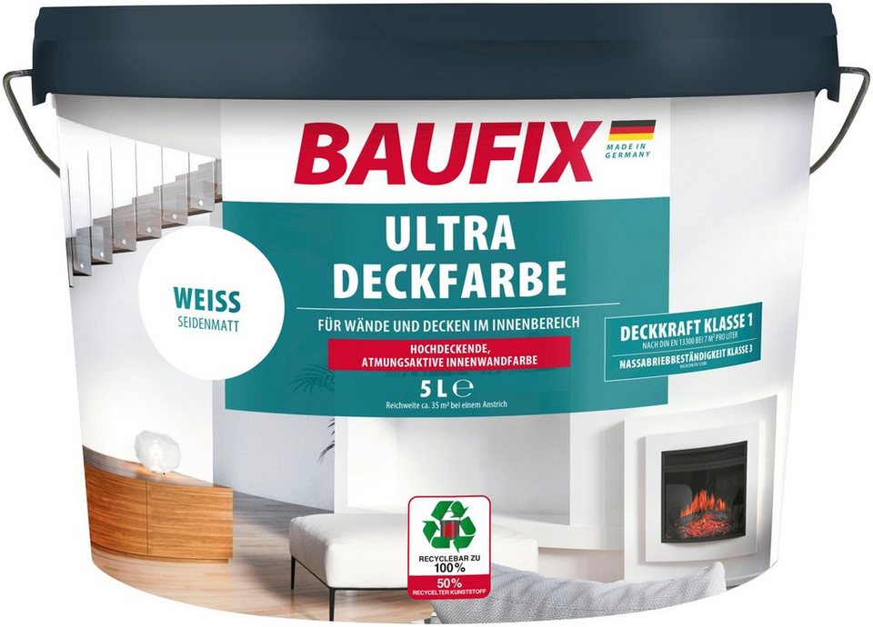 Baufix Wandfarbe Ultra-Deckfarbe, emissionsarm, atmungsaktiv, weiß  seidenmatt