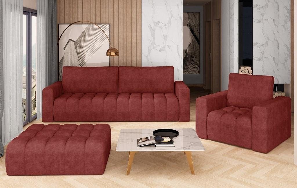 JVmoebel Wohnzimmer-Set Sofagarnitur 3+1 Sitzer Hocker Garnituren Samt Stoff 3tlg Wohnzimmer rot