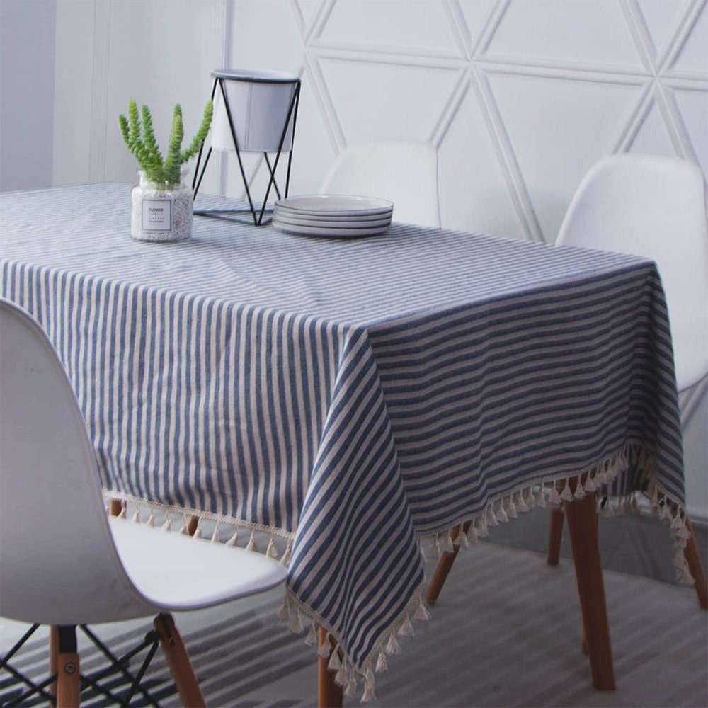 NUODWELL Tischdecke Tischdecke Rechteckige Leinenoptik Streifen Quaste Tischtuch Blau