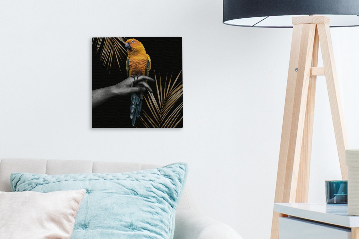Schlafzimmer (1 Hand - Bilder für - Leinwand OneMillionCanvasses® St), Vogel bunt Farn, Leinwandbild - Wohnzimmer Papagei