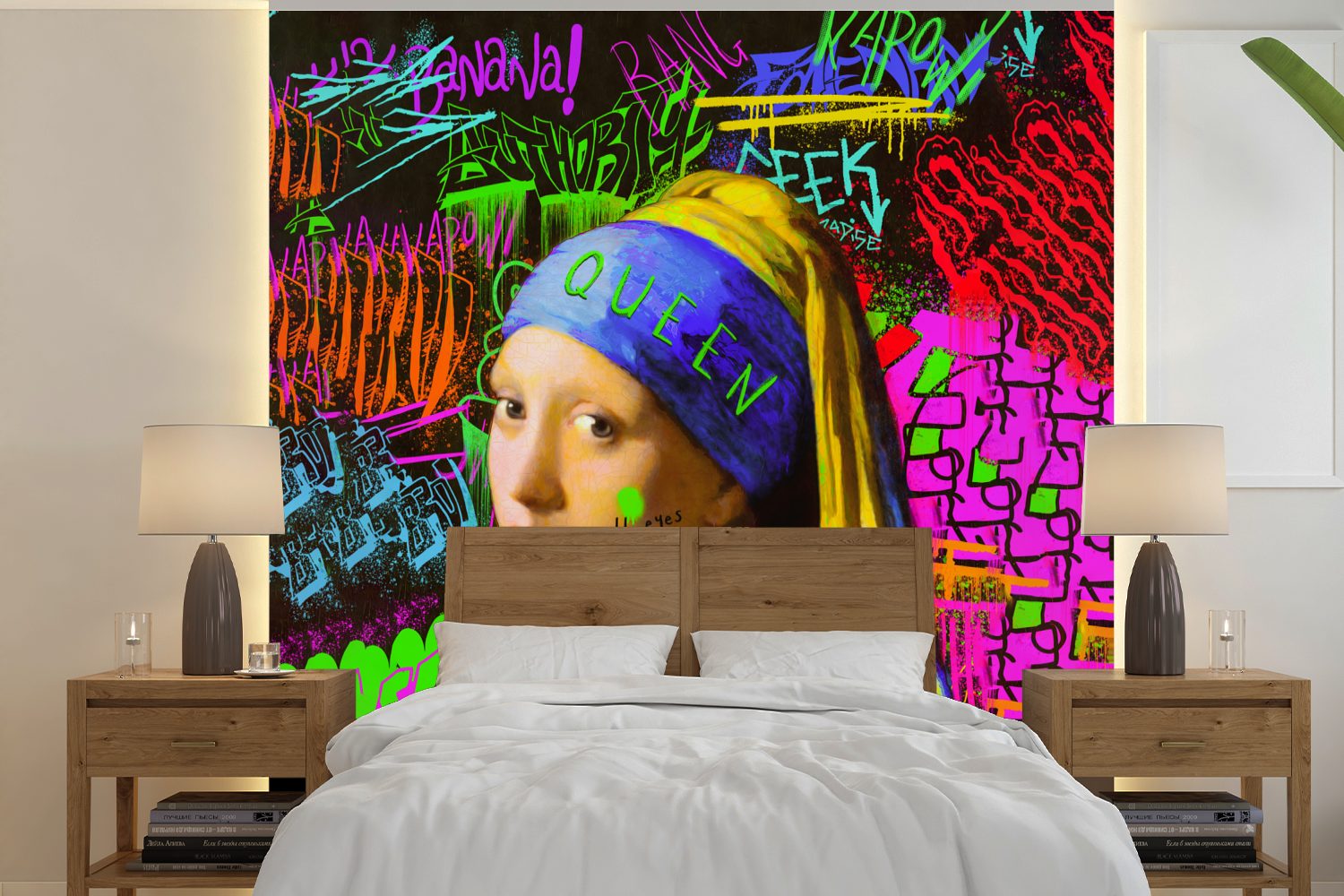 MuchoWow Fototapete Girl with a Pearl Earring - Neon - Graffiti, Matt, bedruckt, (5 St), Vinyl Tapete für Wohnzimmer oder Schlafzimmer, Wandtapete | Fototapeten