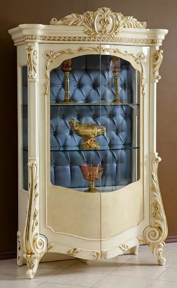 Casa Padrino Vitrine Luxus Barock Vitrine Beige / Weiß / Gold / Blau - Prunkvoller Massivholz Vitrinenschrank mit 2 Glastüren - Handgefertigte Barock Möbel - Edel & Prunkvoll