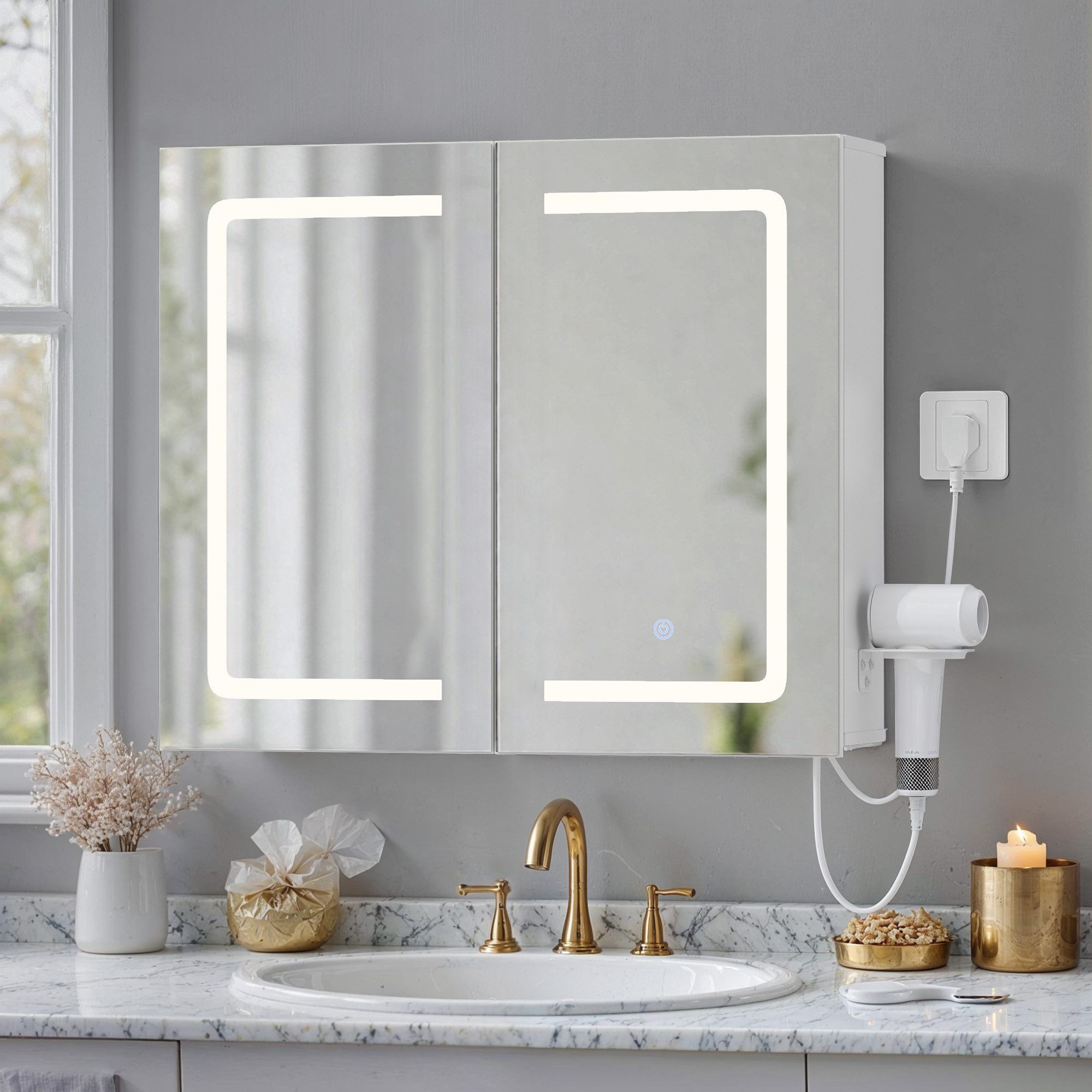 Bealife Spiegelschrank Badezimmerschrank mit LED-Beleuchtung Dreistufiges Ablagefach (B:70/80CM)