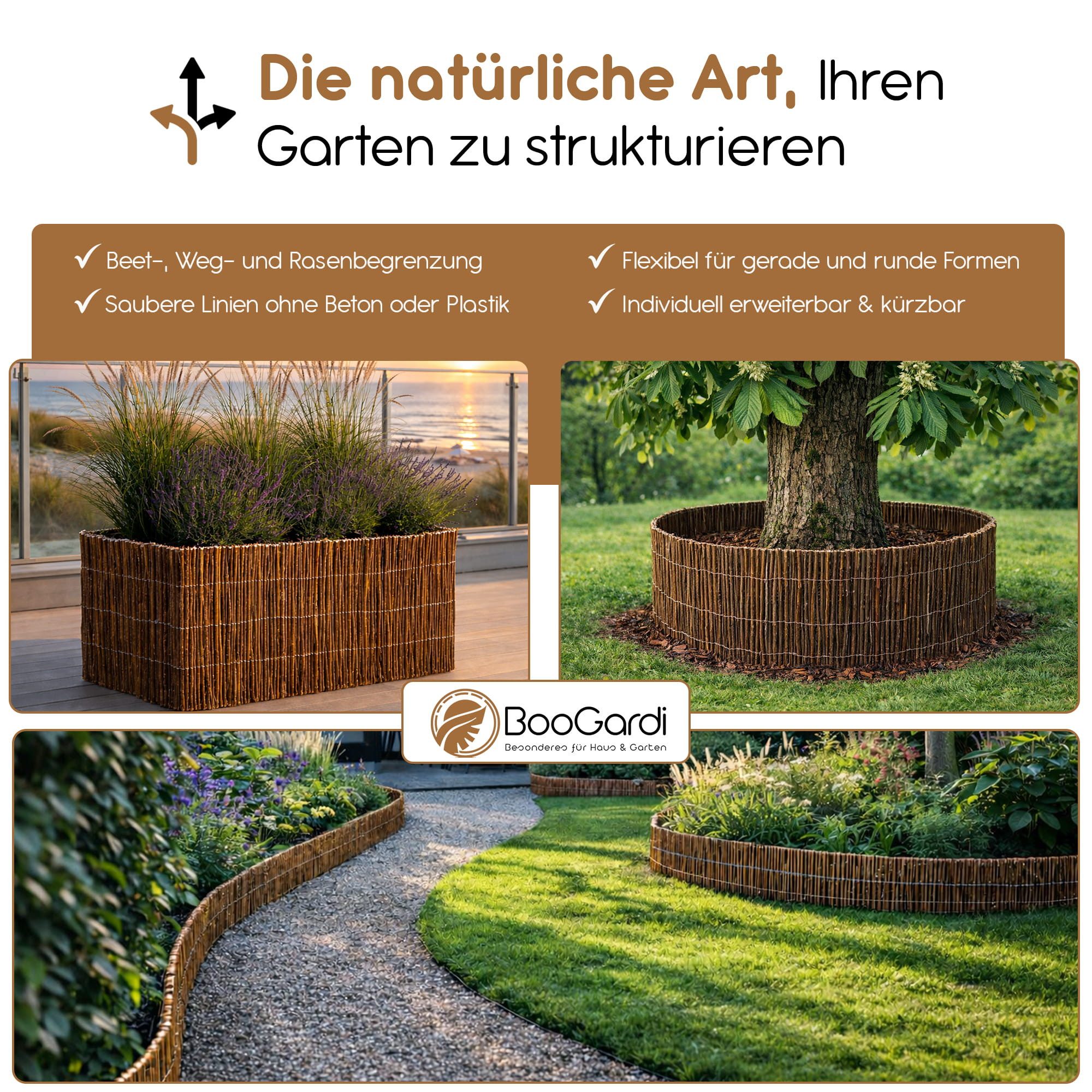 BooGardi Beetumrandung Mini Gartenzaun Holz in 2 Größen, LxH: 300x30 cm, Rasenkante flexibel · 30 cm hoch x 3 m lang, Weidenzaun · Beeteinfassung für natürliche Beetbegrenzung · Garten