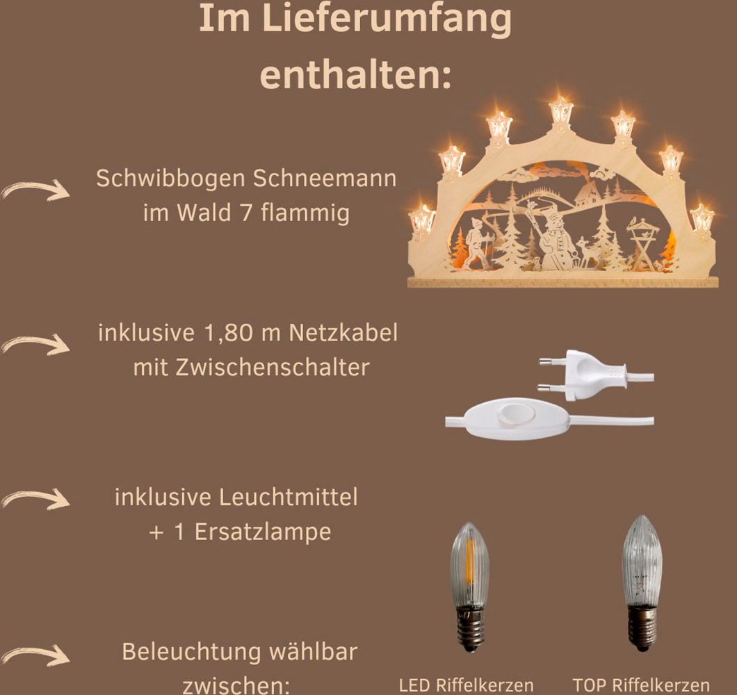 Weigla Schwibbogen Schneemann im Wald, Lichterbogen aus Holz, NATUR, Made in Germany (1-tlg), Erzgebirge garantiert, Weihnachtsdeko Innen, Weihnachtsbeleuchtung