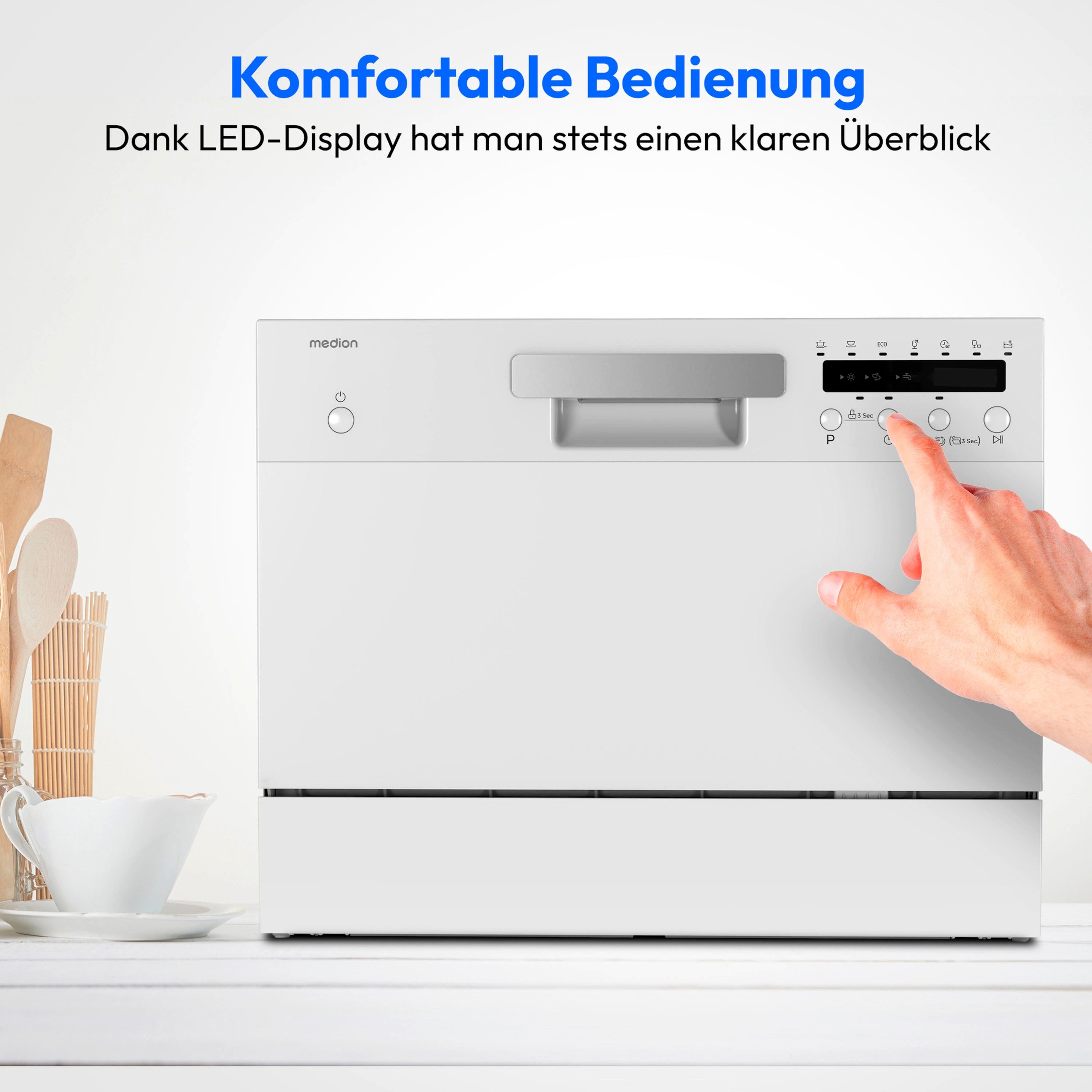 Medion® Tischgeschirrspüler MD37496, 6 Maßgedecke, mit/ohne Wasseranschluss, 7 Reinigungsprogramme, freistehend, weiß – Bild 4 von 5