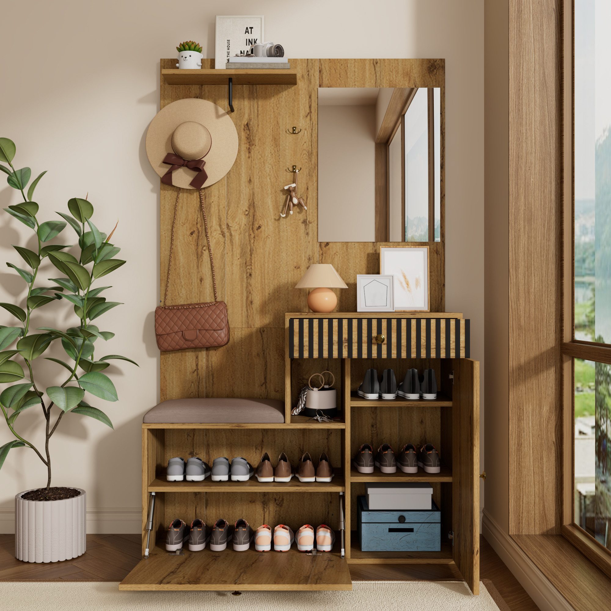 MODFU Garderoben-Set Garderoben-Set, (Kinderkleiderschrank, Garderobenständer mit Schuhwechselsitz, 1-St., 110 x 185,5 x 37 cm), aus MDF