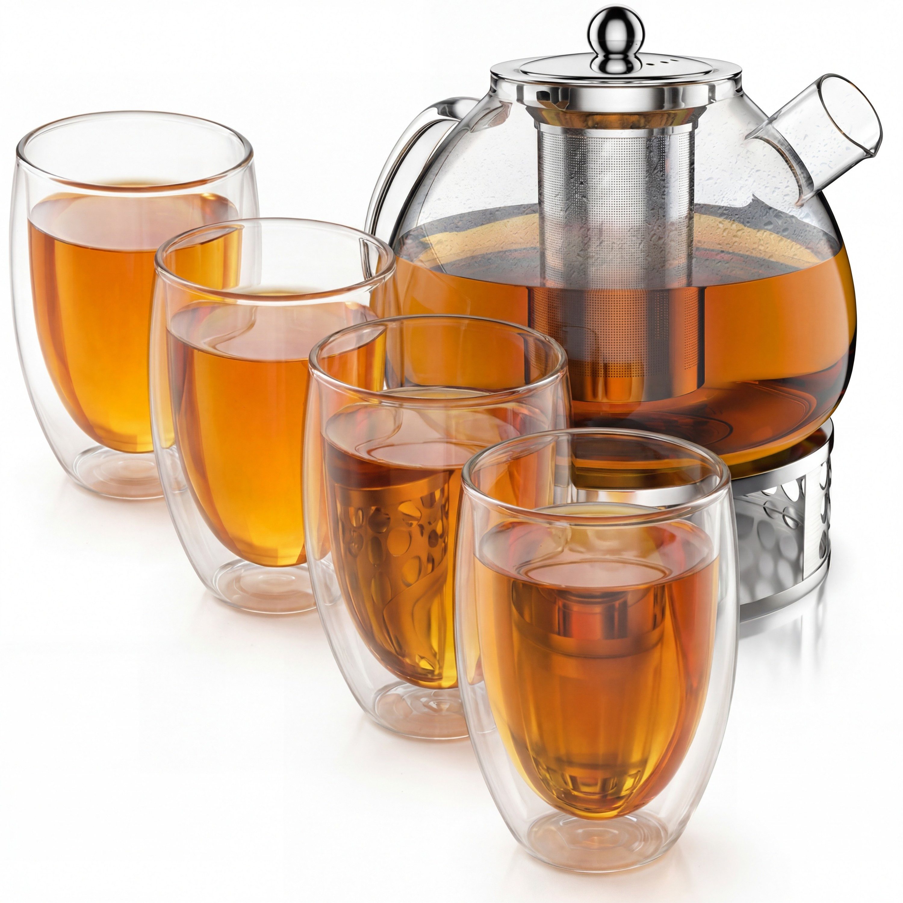 Arendo Teekanne Stövchen 1,5L Sieb + 4 Thermogläser 450ml, 1,5 l, (Set, 1-St., Rechaud, Glaskanne, Teesieb), Borosilikatglas, Tischkocher, …
