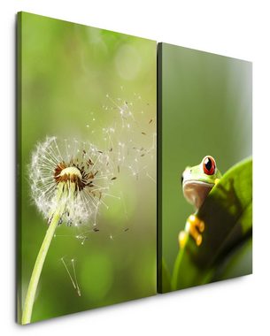 Sinus Art Leinwandbild 2 Bilder je 60x90cm Pusteblume Grün Frosch Harmonie Meditation Beruhigend Natur