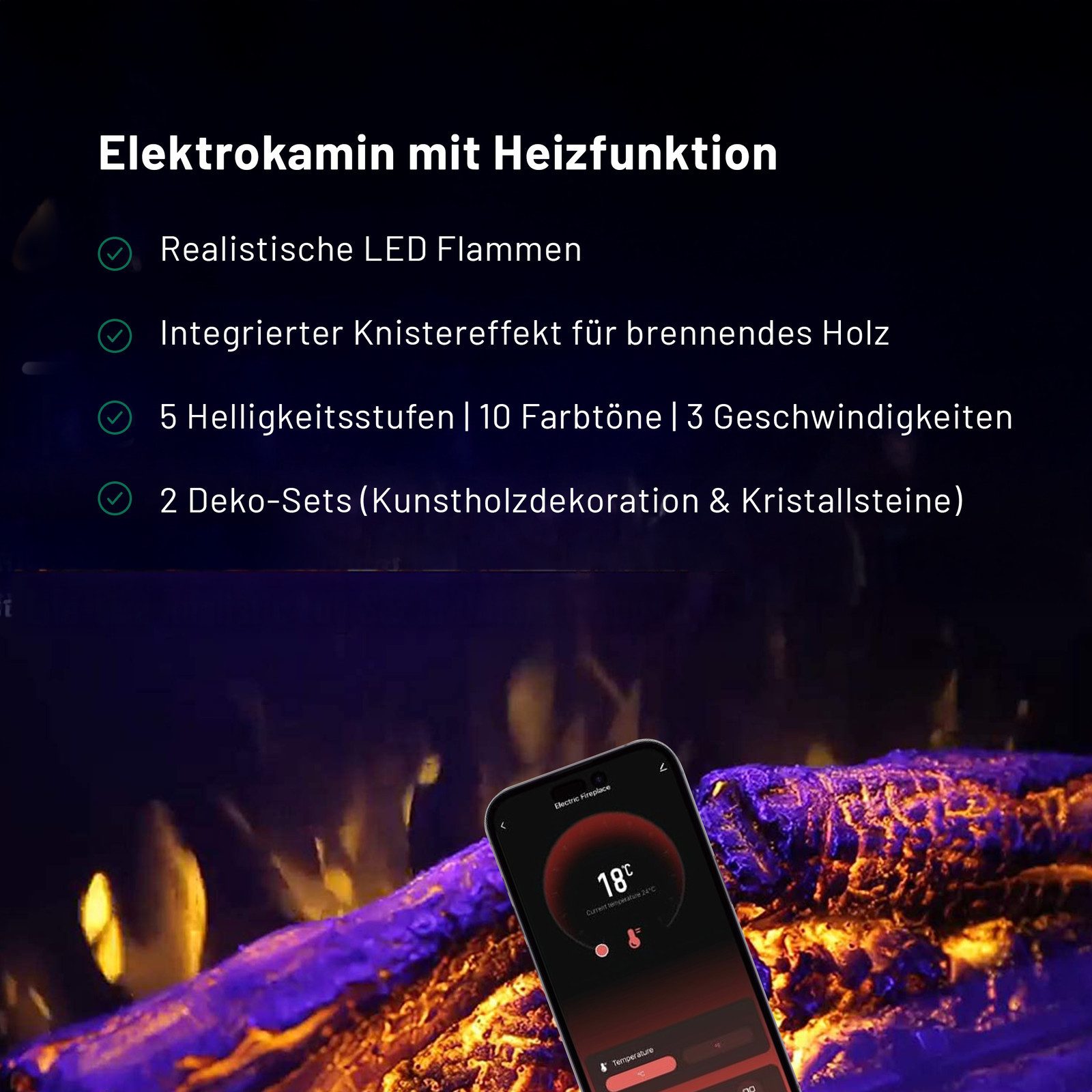 GF Core Elektrokamin Hestia weiß / grau / schwarz 3D LED Kamin mit Heizung, Elektrischer Kamin mit 3D Feuer mit Heizung, 2 Dekorationen – Bild 5 von 5
