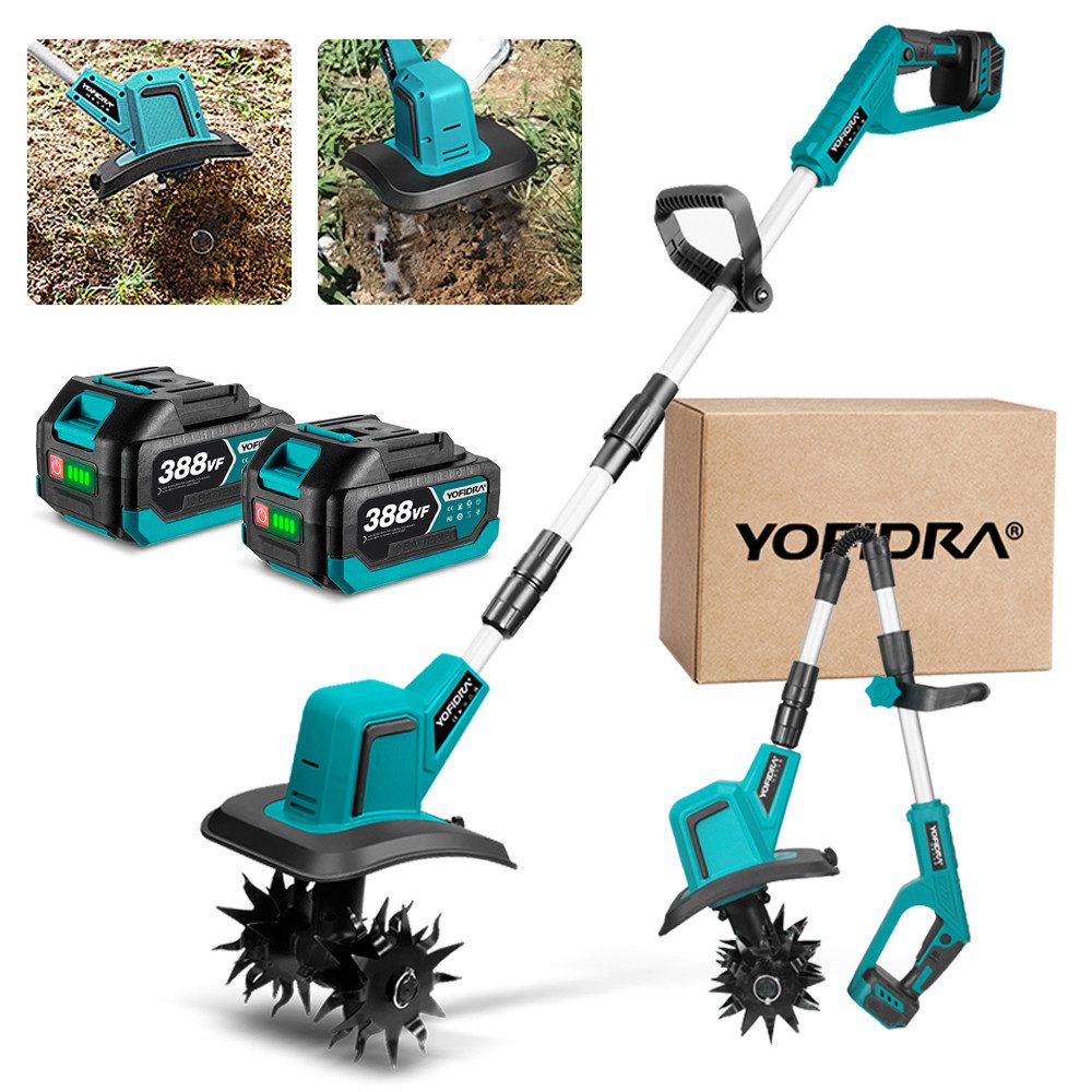 Yofidra Akku-Motorhacke 21V Gartenhacke Motorhacke 600 U/min Bürstenloser Bodenhacke, 20 cm Schnittbreite, mit 2 x 3.0Ah Akkus, klappbar, für Auflockern, Bearbeiten und Kompostieren