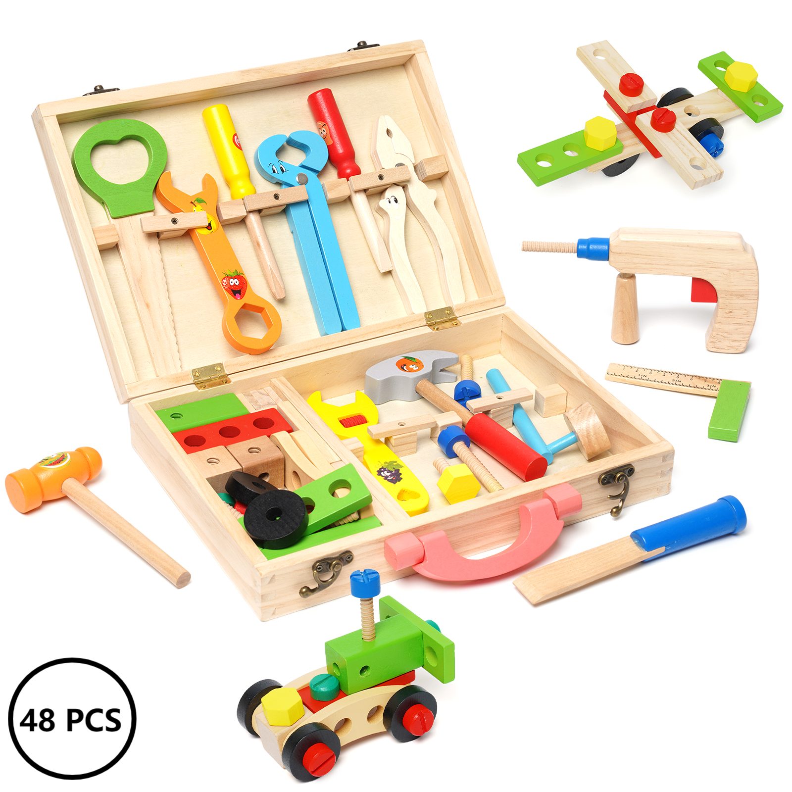 LBLA Kinder-Werkzeug-Set Lernspielzeug Holz-Werkzeugkoffer-Set, Holzspielzeug Kinder 3-6 Jahre, (48-tlg. Set, mit Lernwerkzeugen wie Hammer, Säge, Schraubenschlüssel), Werkzeugkasten, Baubare Lernwerkzeuge zur Steigerung der Fähigkeiten