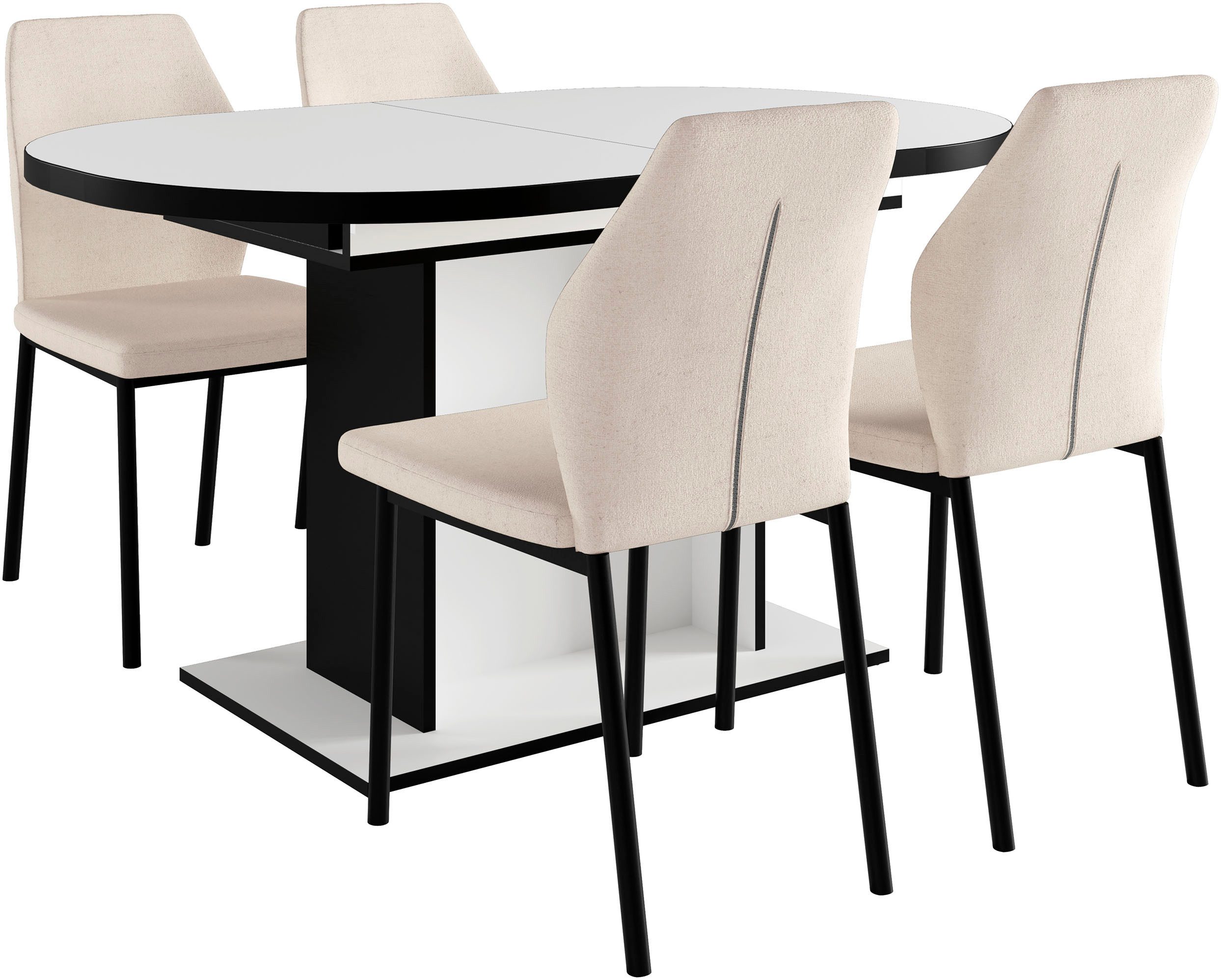 OTTO home Essgruppe Basel, Tischgruppe mit Ausziehtisch, (Set, 5-tlg), BESTSELLER, Sitzgruppe, Tisch, Stühle, ovale Tischplatte, Säulentisch