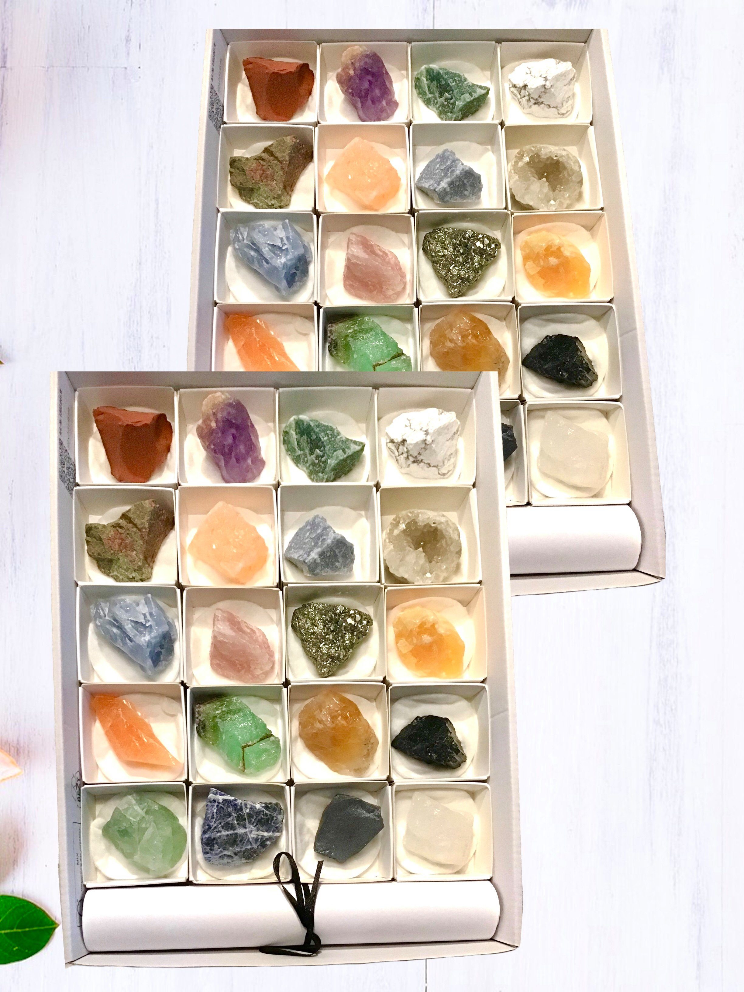 Steinfixx® Mineralstein Premium Mineraliensammlung Rohsteine aus aller Welt - 20 teilig, (schöne weiße Box, handmade, 1-St., AAA-Qualität), inkl. DIN-A4-Informationsblatt