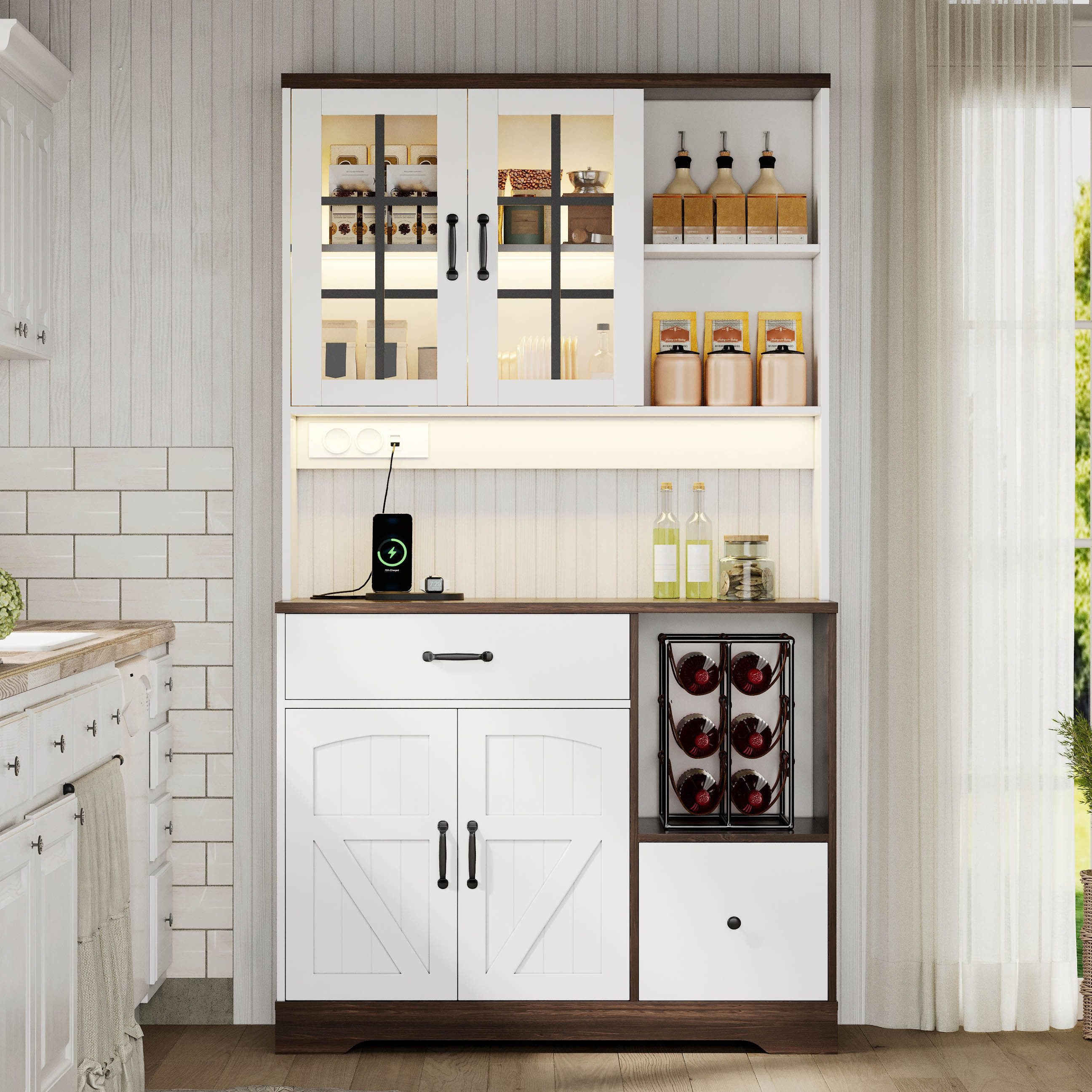 Fine Life Pro Standvitrine Hoher Scheunstil Küchenschrank 185×105×40 cm mit LED & Steckdosen