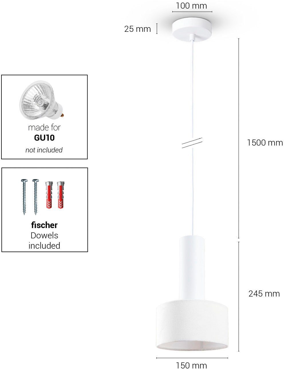 Stoffschirm VELUTA, Wohnzimmer Pendelleuchte ohne Leuchtmittel, Hängeleuchte Esszimmer Modern GU10 Paco Home