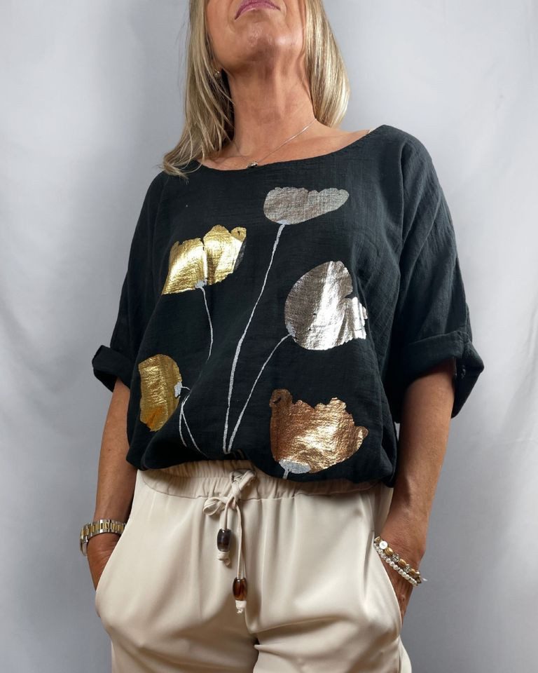 Kurzarmbluse - Sommerbluse - luftige Bluse mit glänzendem Print - Bluse Damen