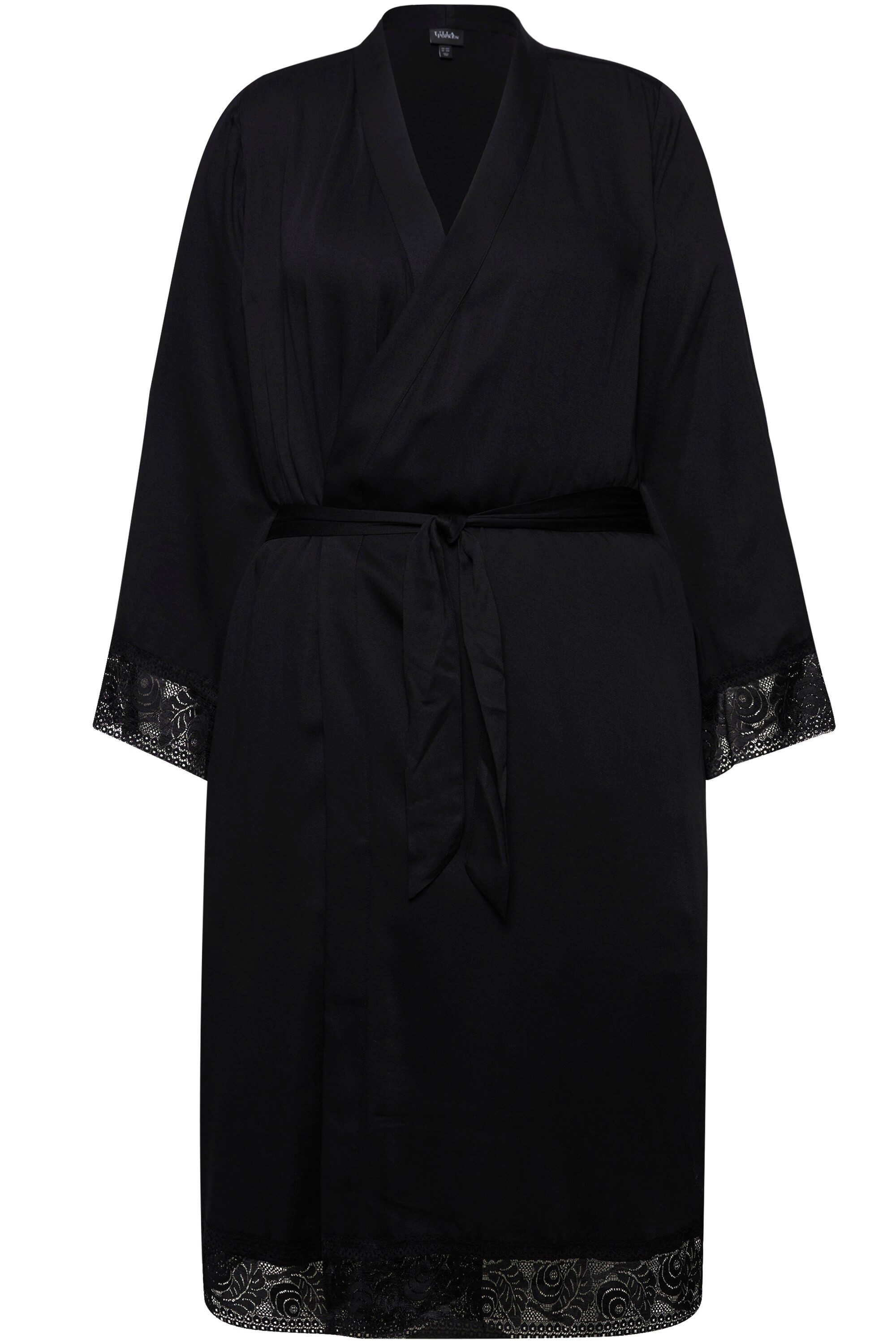 Ulla Popken Bademantel TruYou Morgenmantel Spitze Bindegürtel Langarm, Lang günstig online kaufen
