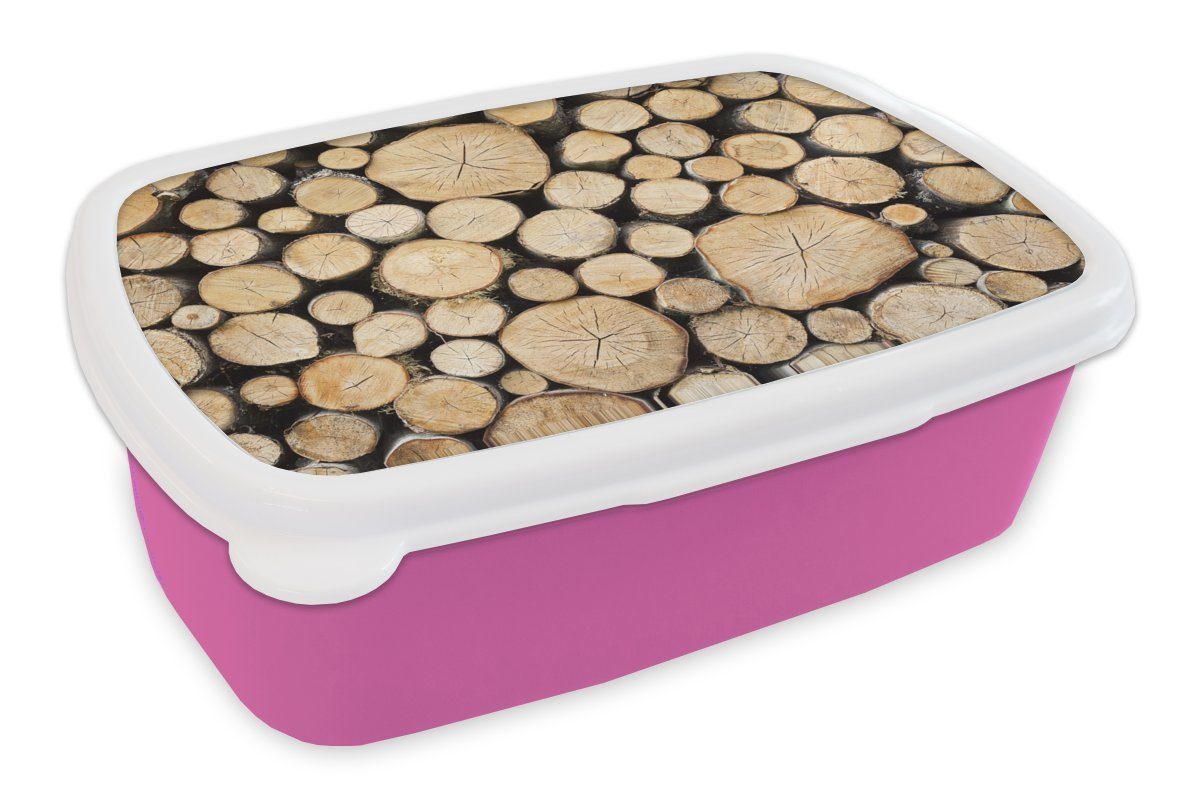 MuchoWow Lunchbox Brennholz auf einem Haufen, Kunststoff, (2-tlg), Brotbox für Erwachsene, Brotdose Kinder, Snackbox, Mädchen, Kunststoff rosa