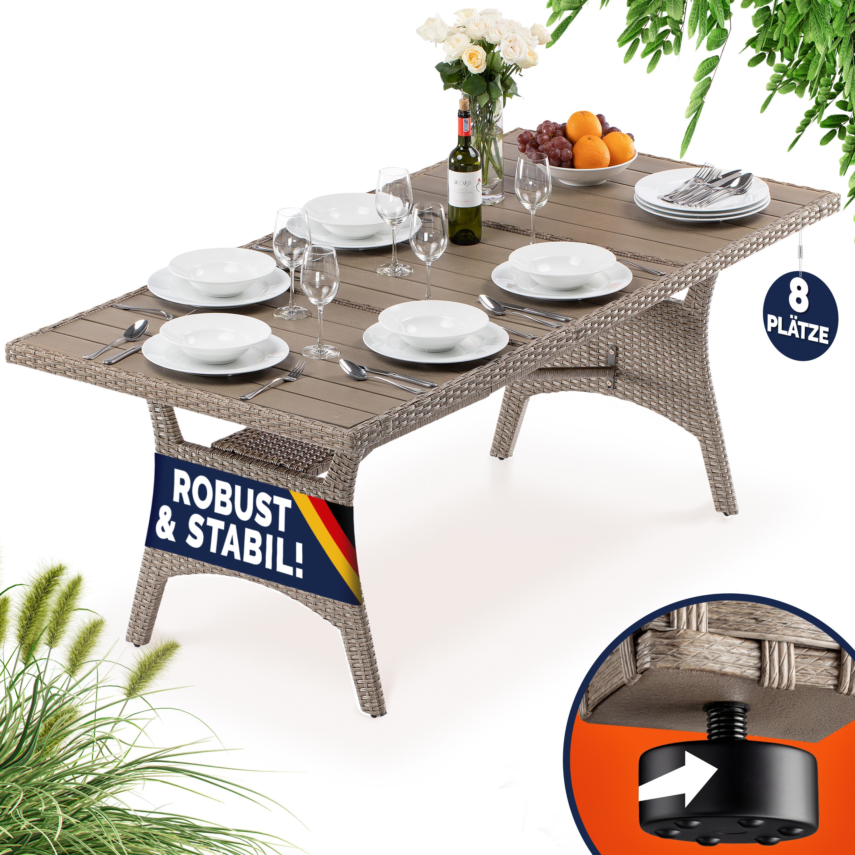 Casaria Gartentisch (1-St), Wetterfest 190x90x75cm WPC Tischplatte Polyrattan inkl. Ablage
