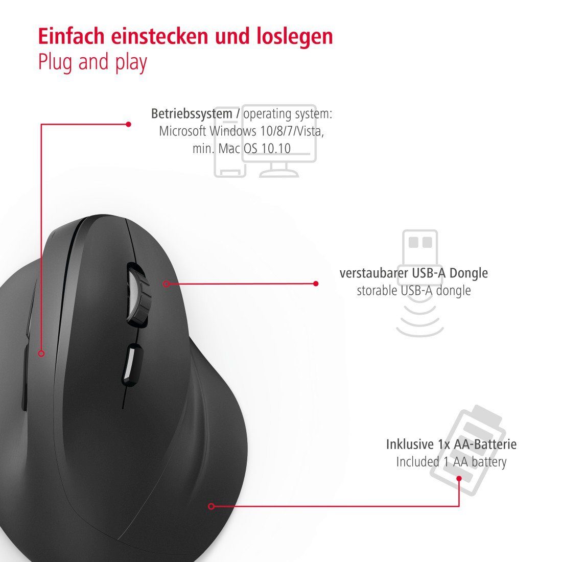 Hama Ergonomische vertikale Funkmaus für PC Laptop, ohne Kabel, Schwarz ergonomische Maus (Funk, USB, Vorbeugung Tennisarm/Mausarm)