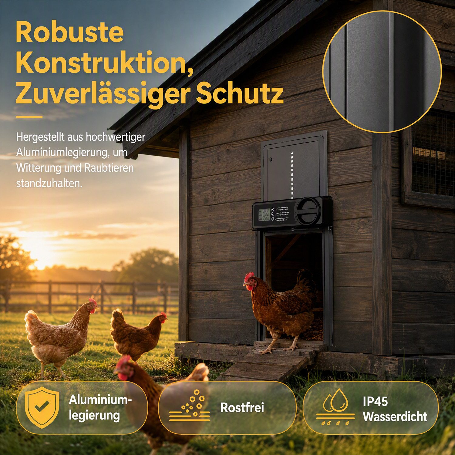 AKKEE Hühnerstall Automatische Hühnerklappe Aluminiumlegierung Wasserdicht Timer, Einklemmschutz Großes LCD-Display mit Zeit/Handmodus – Bild 3 von 5