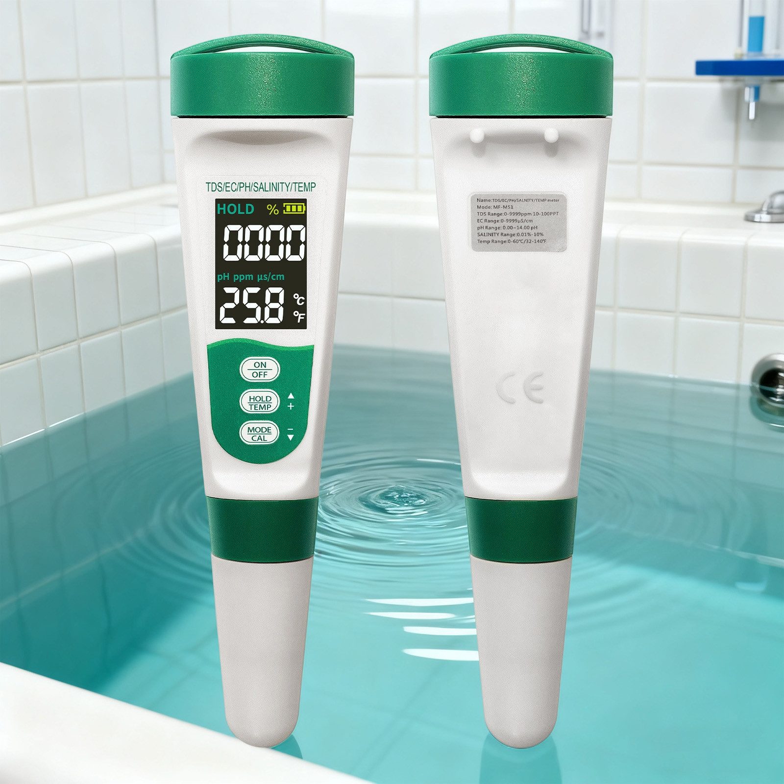 MODFU pH-Messgerät 5-in-1 pH- und Wasserqualitätsmessgerät 5-in-1-Messgerät, (mit Hintergrundbeleuchtung und übersichtlicher Tastensteuerung, 1-tlg., TDS-, Leitfähigkeits-, Salzgehalts- und Temperaturtester), Digitales Messgerät für Haushalt Aquarium Pool und Trinkwasser