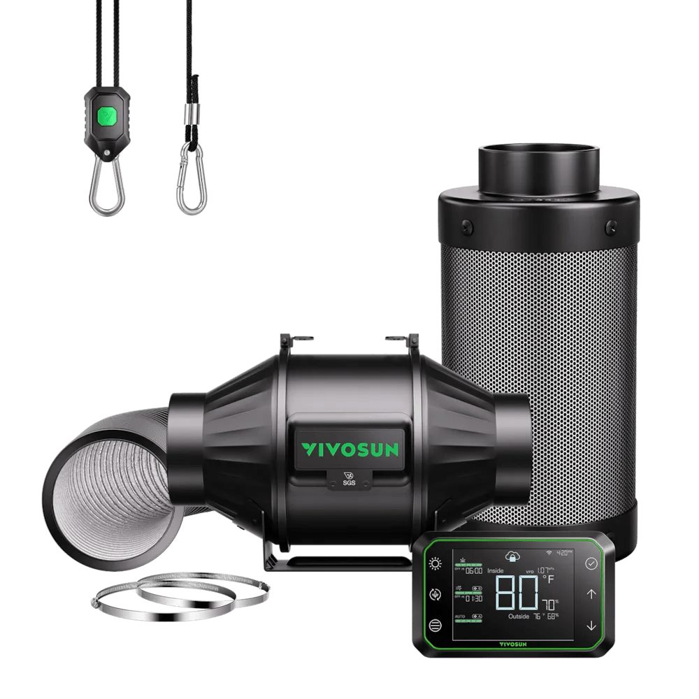 VIVOSUN Ventilatorkombigerät VIVOSUN AeroZesh T-Serie, 10 cm Durchmesser, Smartes Abluft-Set mit GrowHub E42A-Controller und Aktivkohlefilter