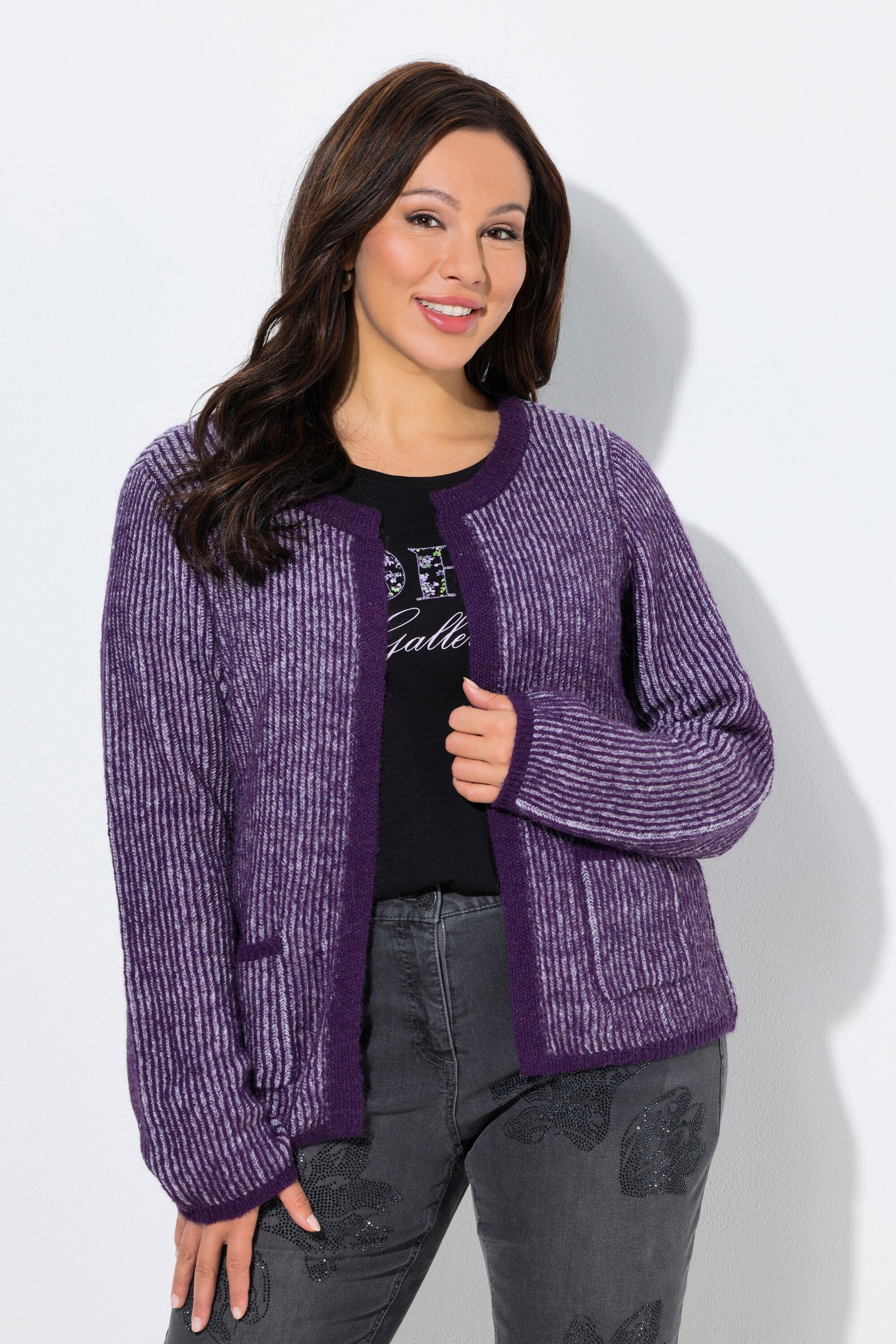 Strickjacke Strickjacke Streifen-Rippstrick Rundhals Langarm