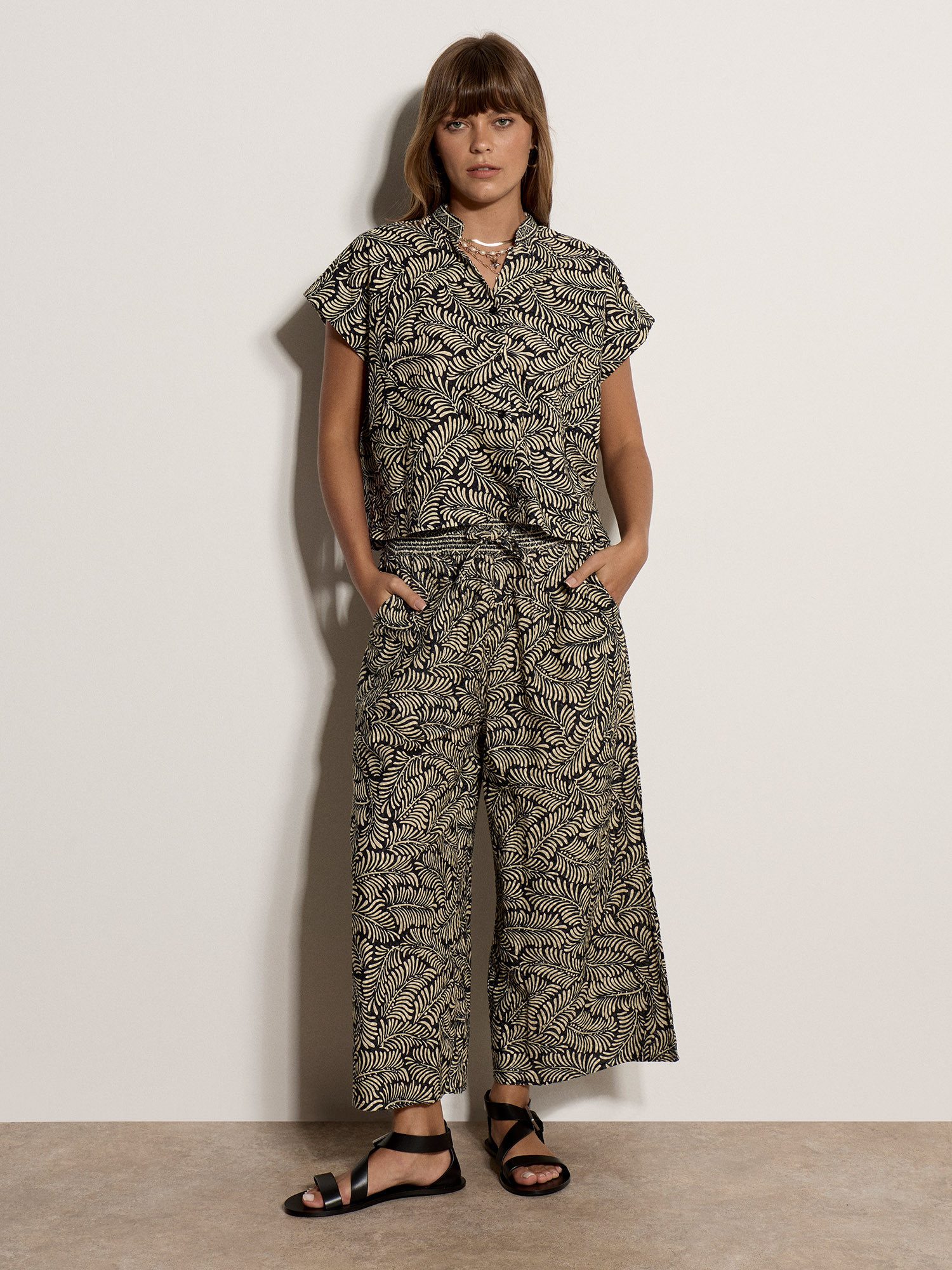 Apricot Culotte Culotte-Hose aus Baumwolle mit Blattmuster Elastischer Bund
